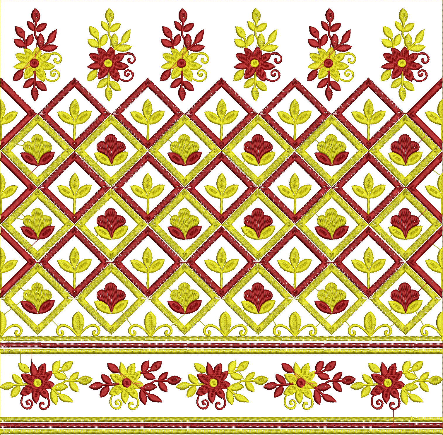 Embroidery design: An embroidery design featuring a repeating pattern of red and yellow flowers and leaves arranged in a geometric, ornamen
