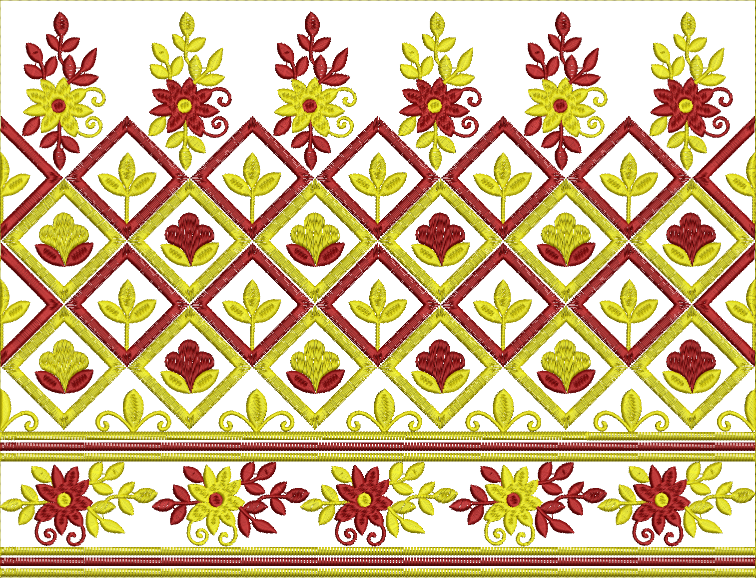 Embroidery design: A horizontal embroidery border design with repeating red and yellow floral and diamond motifs on a white background.