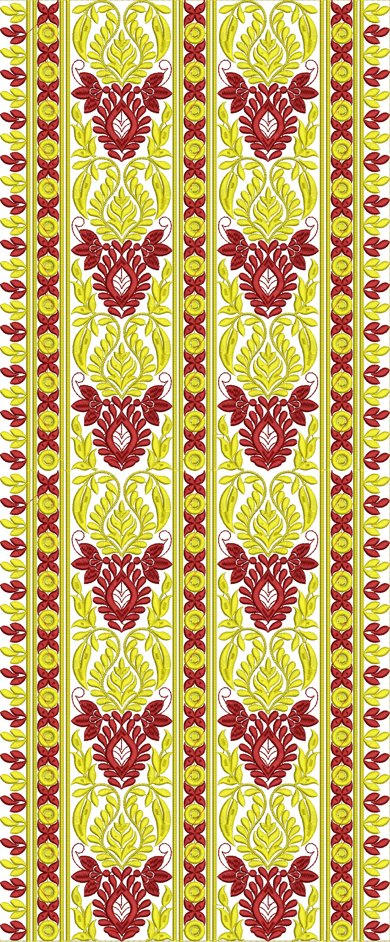 Embroidery design: A decorative vertical border embroidery design with repeating symmetrical floral and leaf motifs in red and yellow on a 