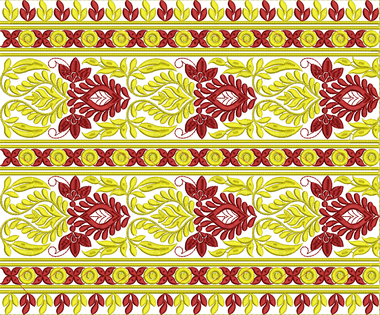 Embroidery design: A repeating horizontal embroidery border with symmetrical floral and geometric motifs in deep red and golden yellow. The