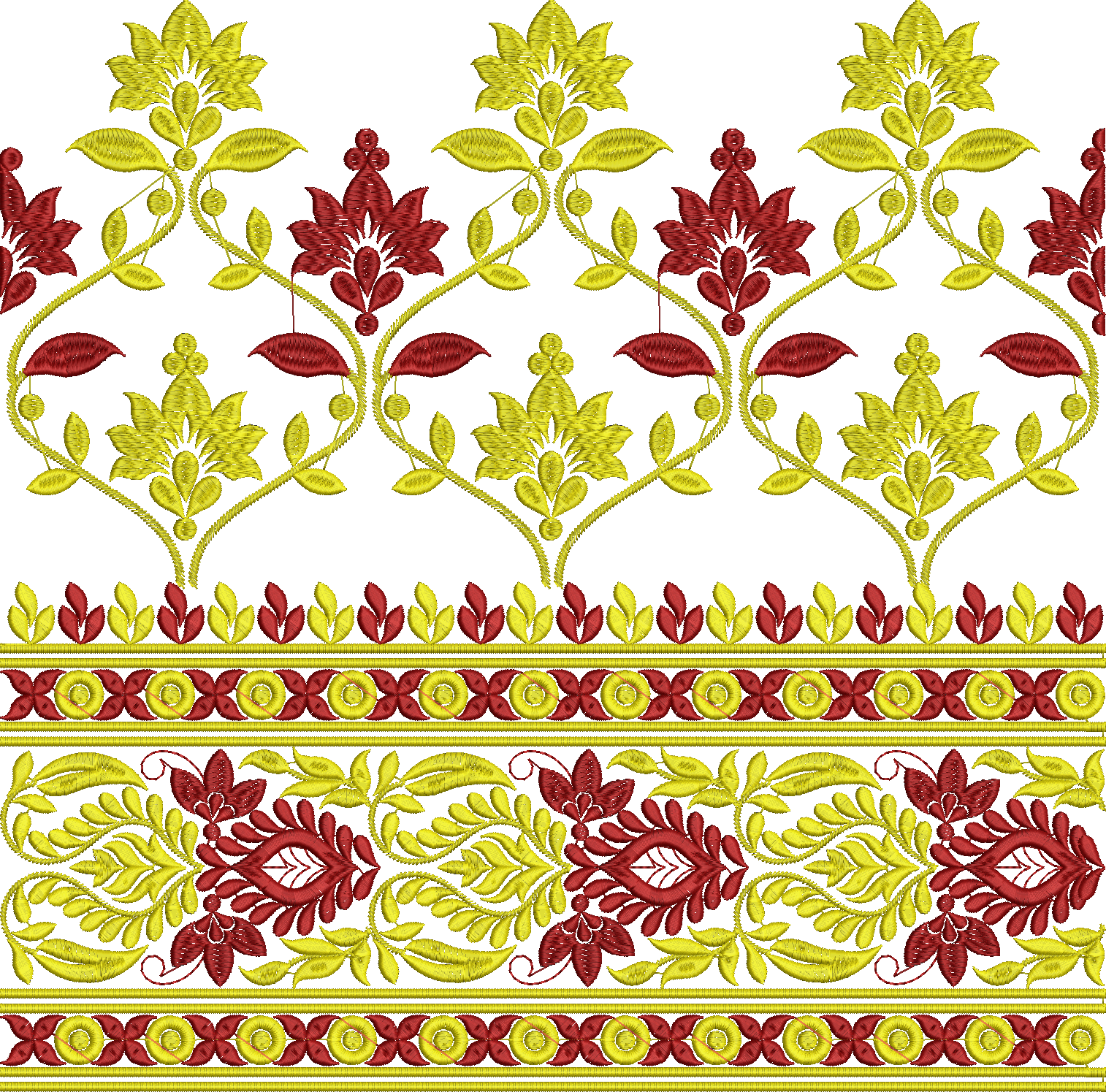 Embroidery design: A traditional ornamental floral border design in red and yellow, featuring repeating symmetrical patterns of flowers, le