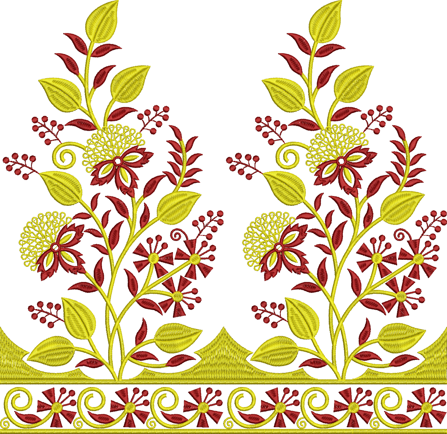 Embroidery design: Symmetrical embroidery design with stylized yellow and dark red flowers, leaves, and a decorative border with scrollwork