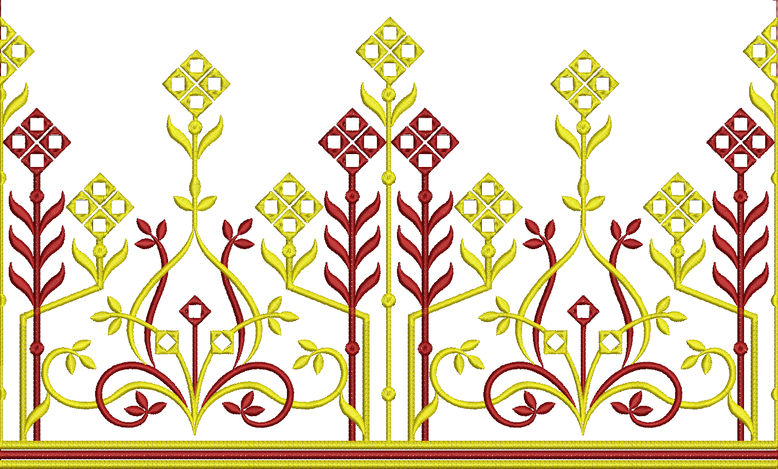 Embroidery design: A symmetrical decorative border embroidery design in red and yellow, featuring geometric diamond shapes and stylized flo