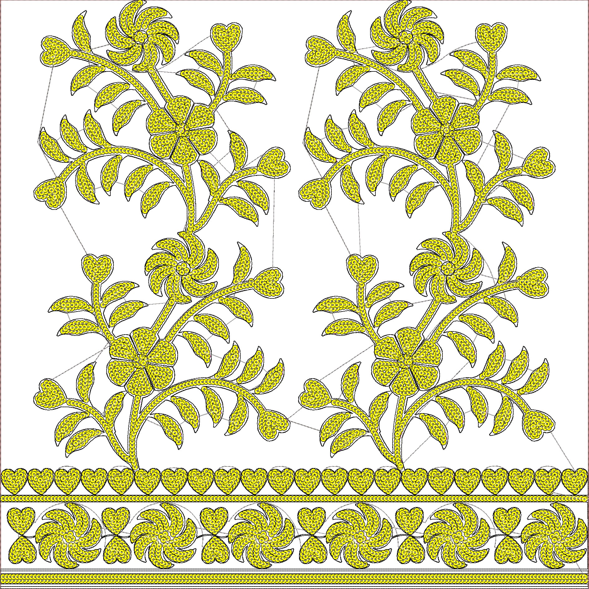 Embroidery design: A decorative yellow floral border embroidery design with repeating symmetrical motifs of flowers and leaves, featuring s