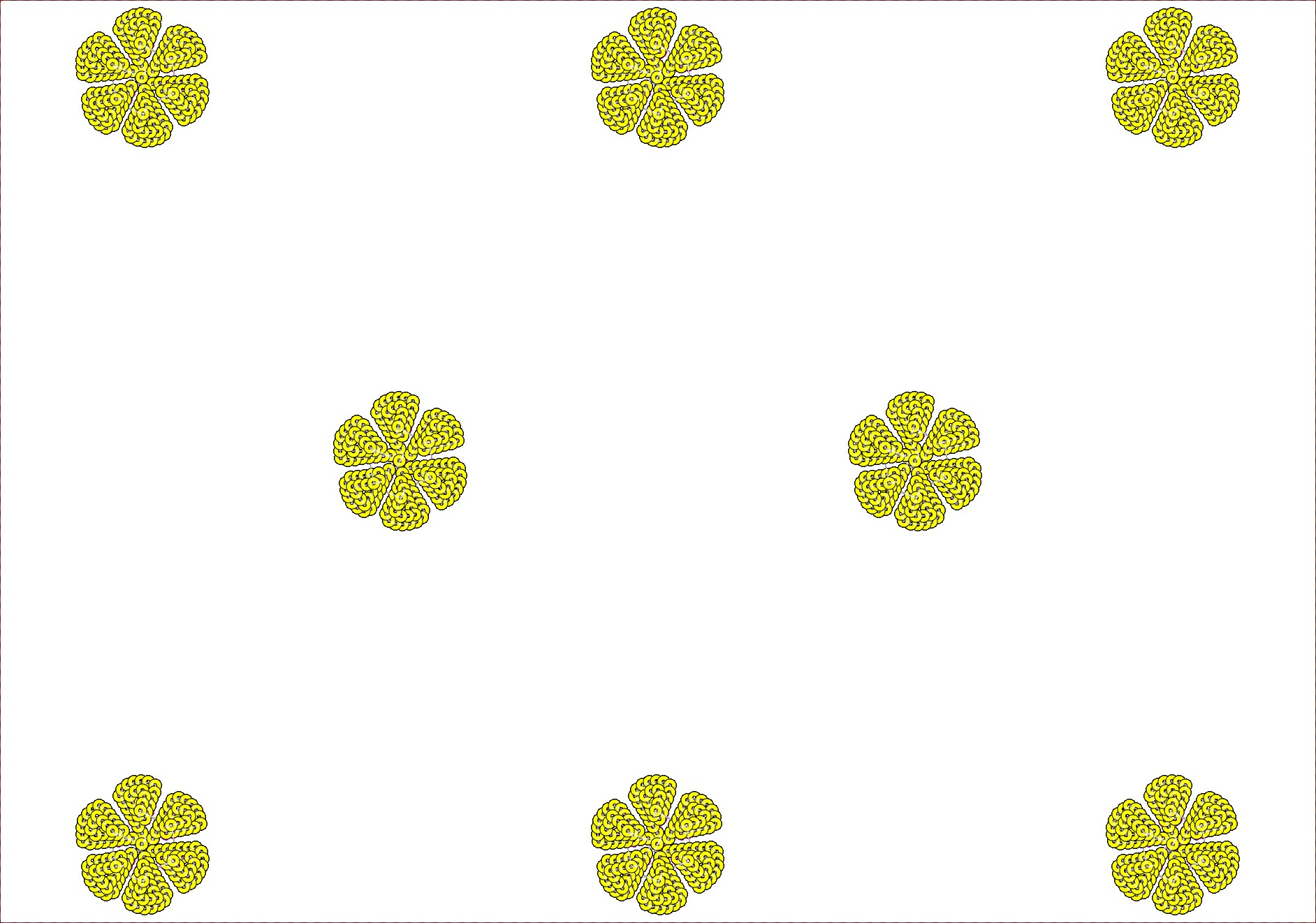 Embroidery design: A repeating pattern of eight yellow flower-like motifs with dense fill on a white background.