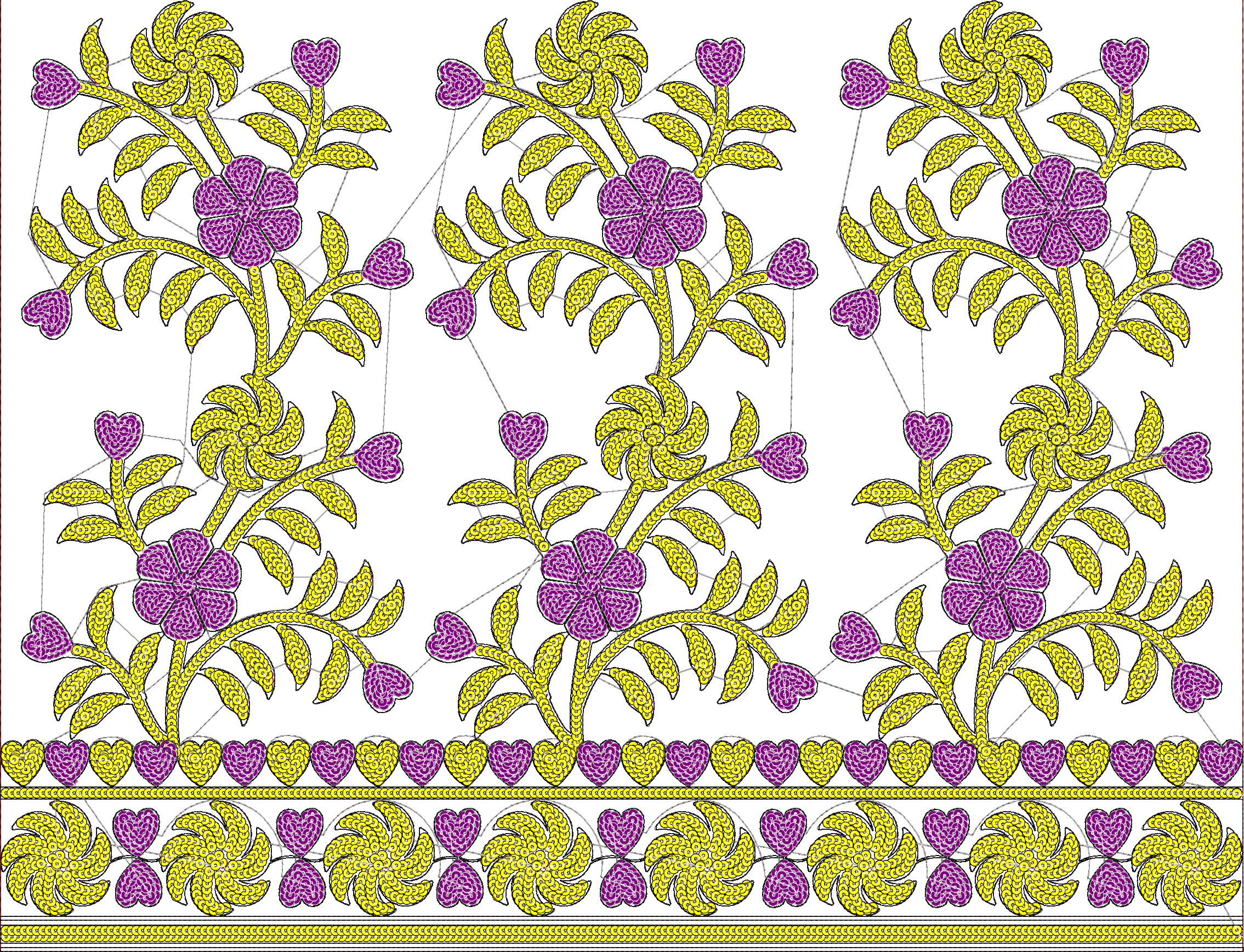Embroidery design: A repeating decorative border embroidery design with yellow vines, leaves, and flowers, and purple heart-shaped flowers 