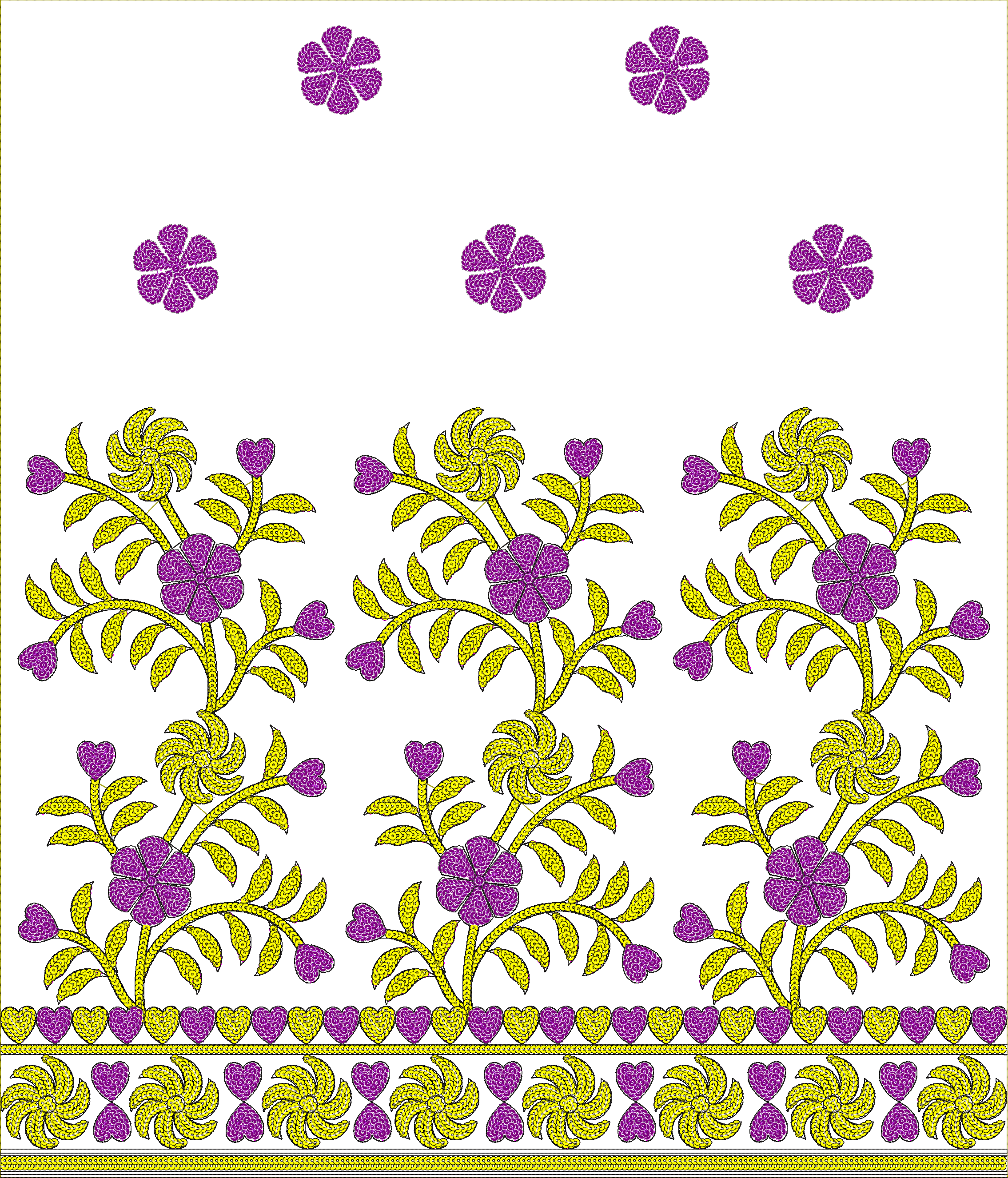 Embroidery design: A decorative floral border design with purple flowers, yellow swirling leaves, and heart motifs, suitable for embroidery