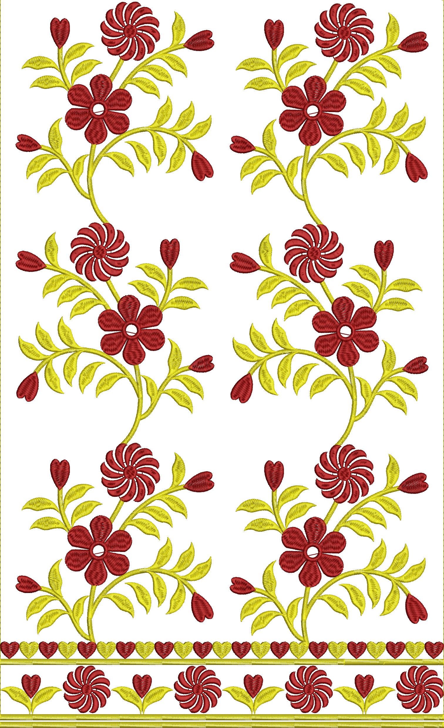 Embroidery design: A vertical embroidery design with repeating red floral motifs and yellow vines and leaves, featuring a decorative border