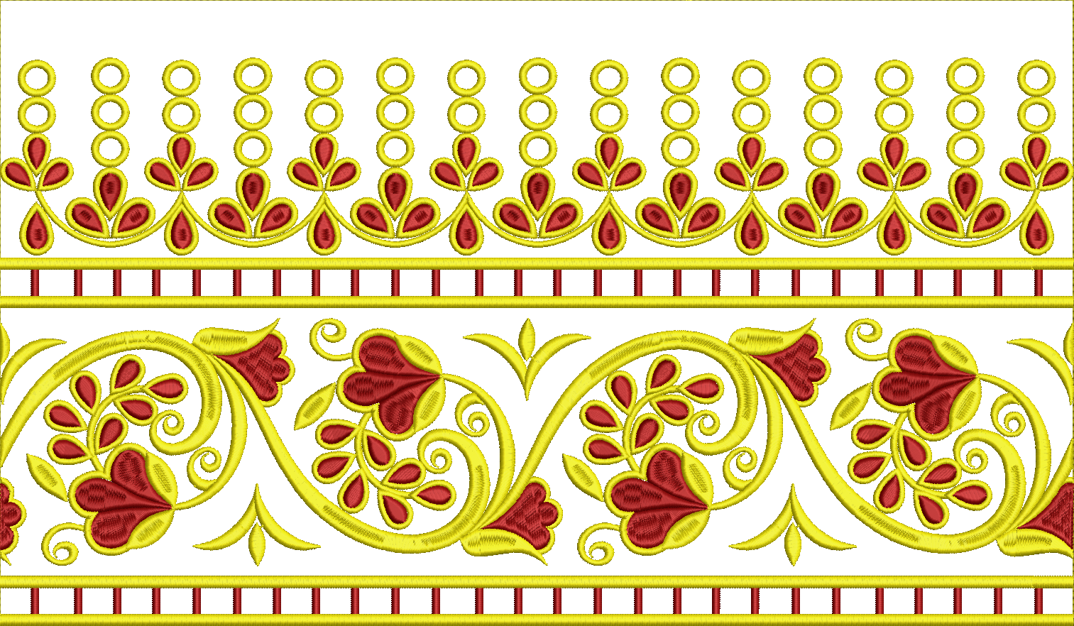 Embroidery design: A two-tiered embroidery border design featuring scrolling floral motifs in red and yellow, with a repeating geometric pa