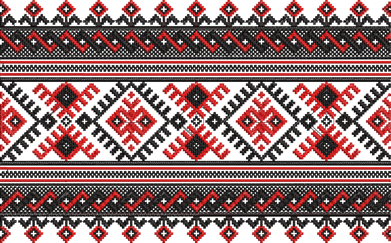 Embroidery design: A traditional ethnic embroidery border design with repeating geometric and diamond motifs in black and red on a white ba
