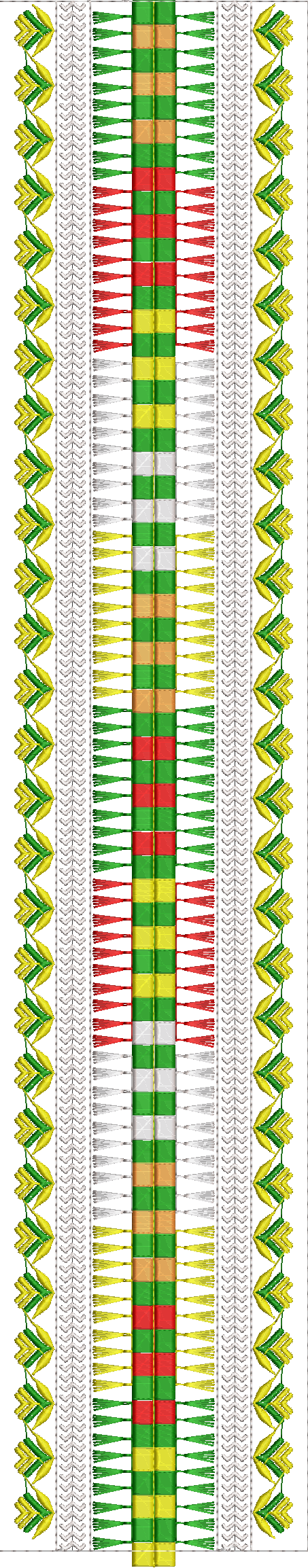 Embroidery design: A decorative embroidery design with a central vertical panel featuring alternating colored blocks and tassel-like elemen