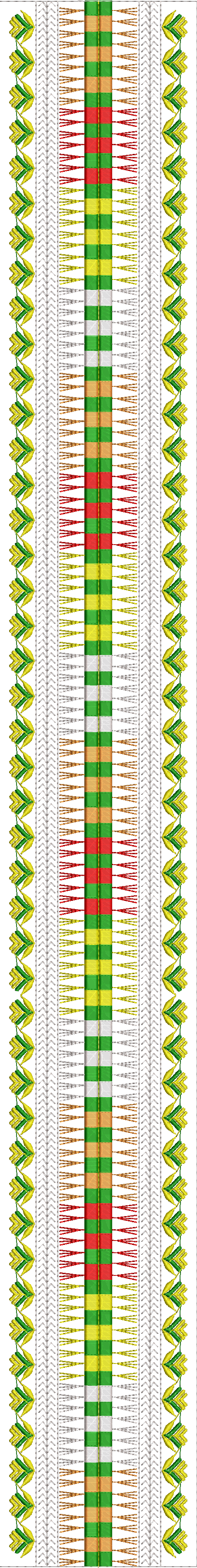 Embroidery design: A symmetrical, repeating border design with green, yellow, red, and tan stripes in the center, flanked by stylized leaf 