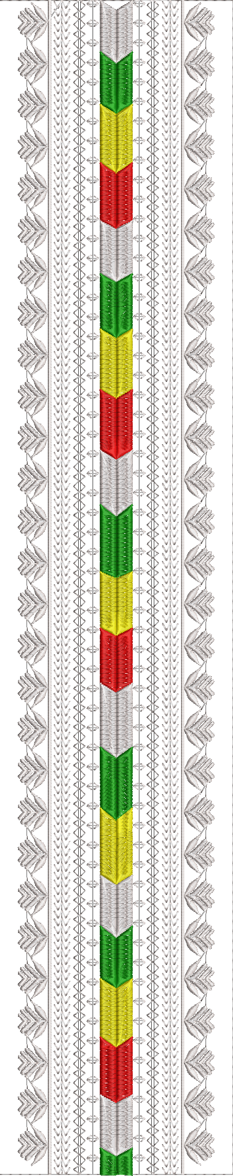 Embroidery design: A vertical embroidery design featuring a central column with alternating segments of red, green, yellow, and silver, bor