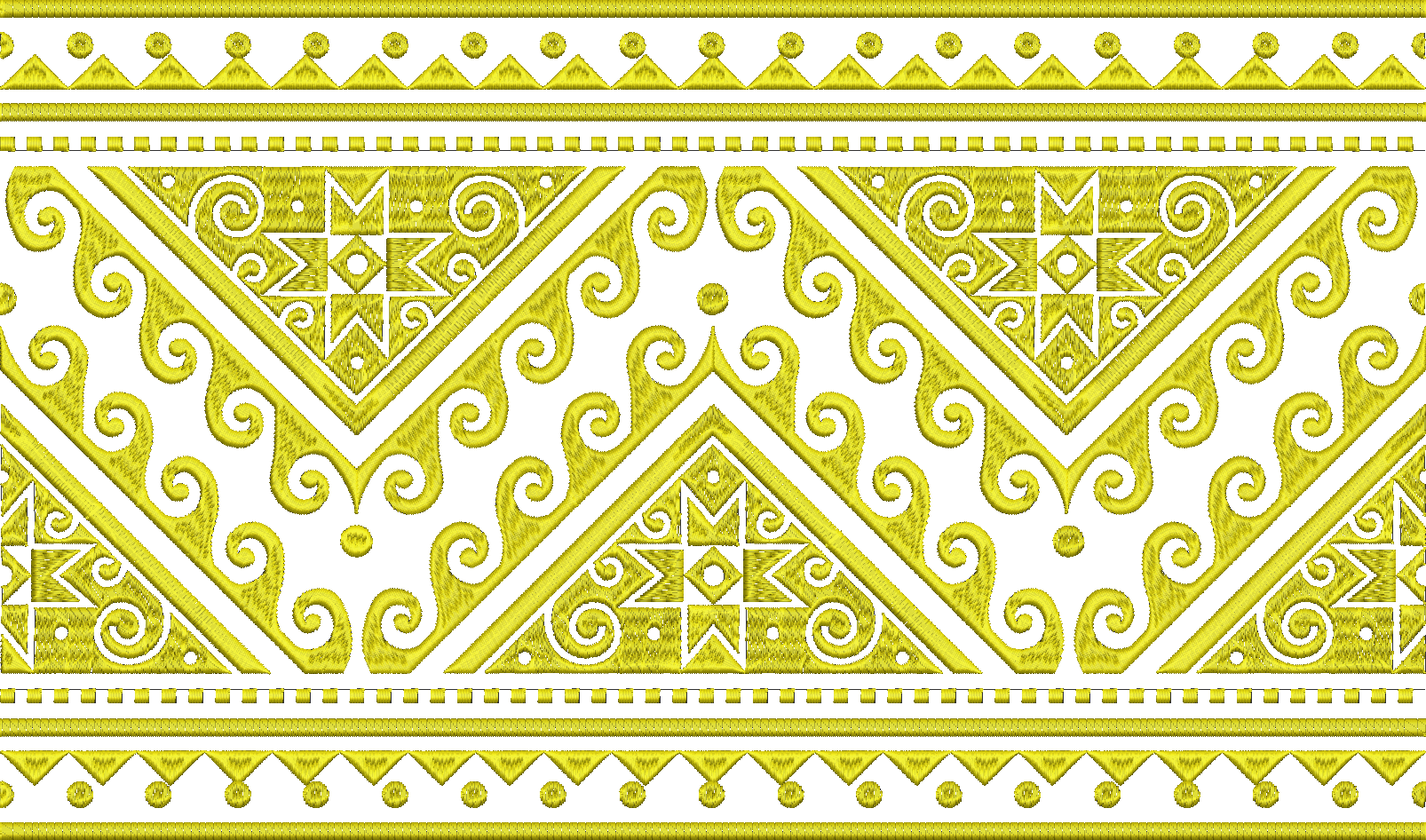 Embroidery design: A continuous, repeating, and symmetrical golden yellow embroidery border design featuring geometric shapes like triangle
