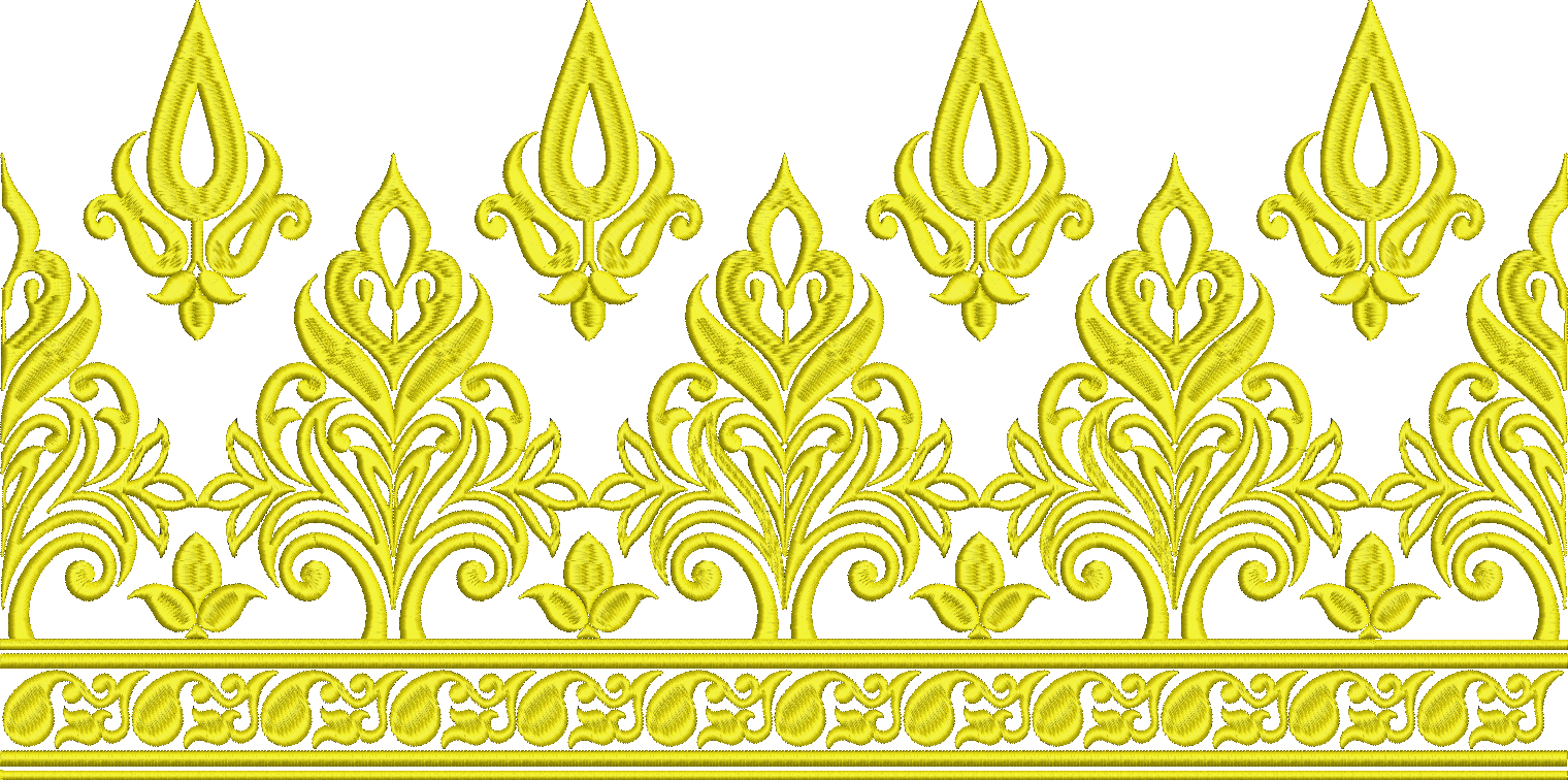 Embroidery design: A yellow embroidered border with ornamental and floral motifs, featuring repeating symmetrical vine and leaf patterns.