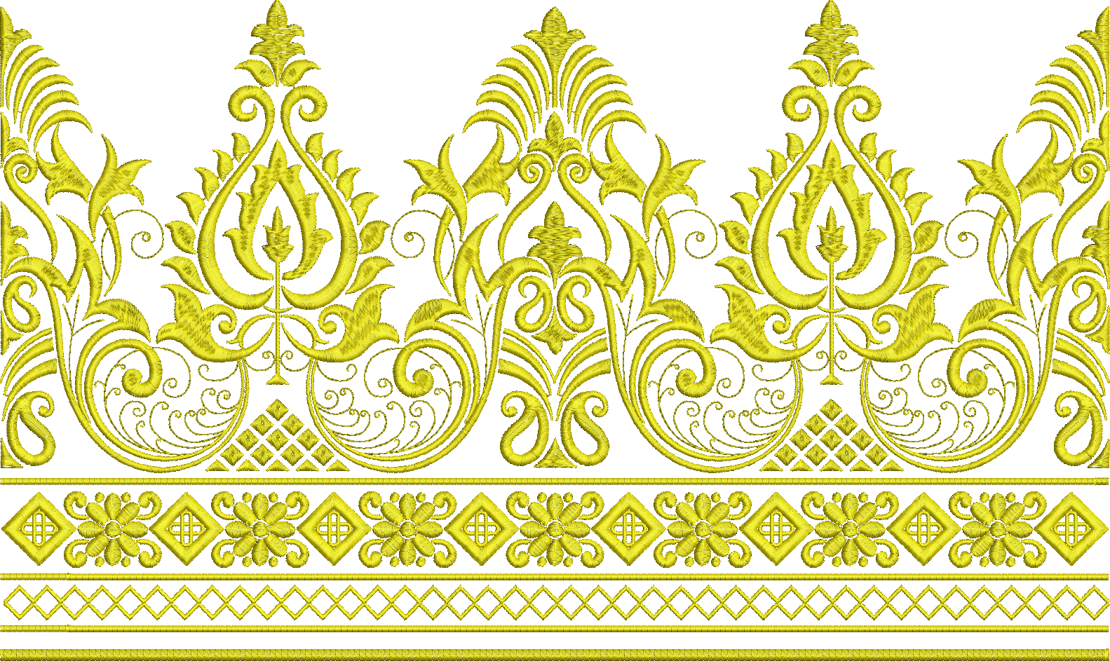 Embroidery design: A decorative yellow embroidery border with repeating ornamental and floral motifs, featuring geometric patterns and scro