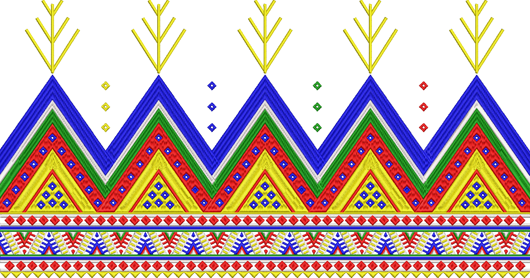 Embroidery design: A decorative ethnic border design with repeating geometric patterns in yellow, blue, green, red, and white. It features 