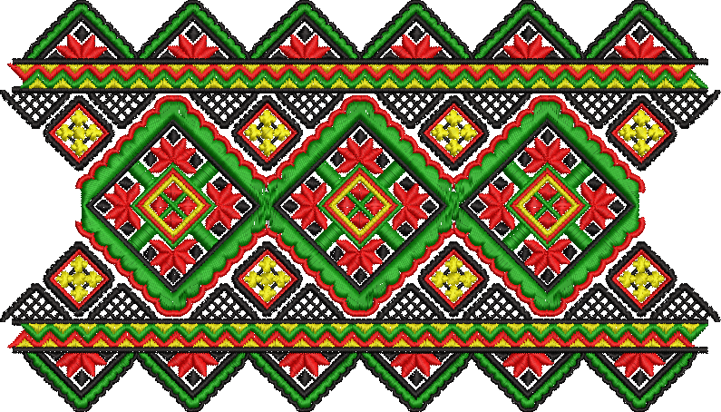 Embroidery design: A traditional ethnic embroidery border design with repeating geometric and floral motifs in red, green, yellow, and blac