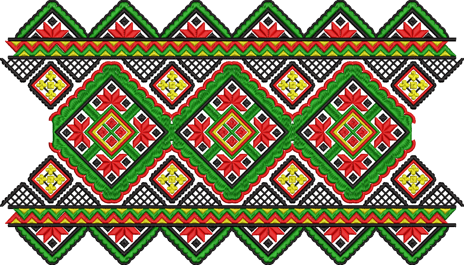 Embroidery design: A traditional and ethnic embroidery border design featuring repeating geometric and diamond motifs in red, green, yellow