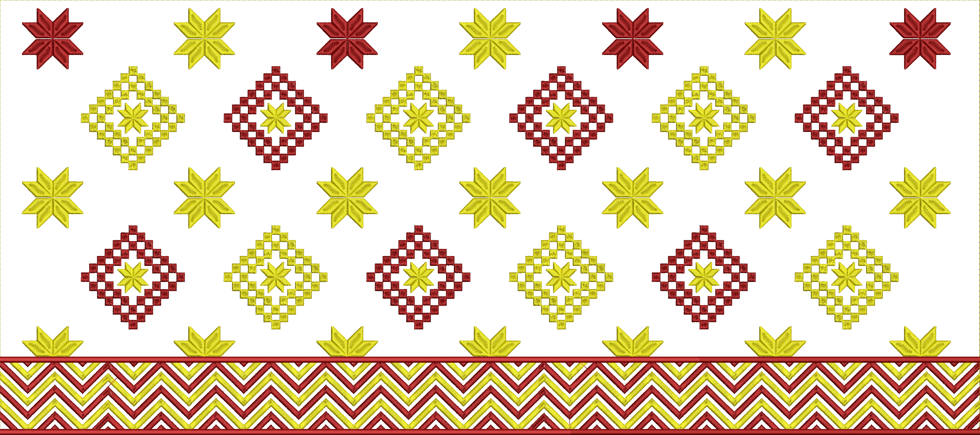 Embroidery design: A decorative embroidery design with repeating geometric and star motifs in red and yellow, featuring a chevron border.