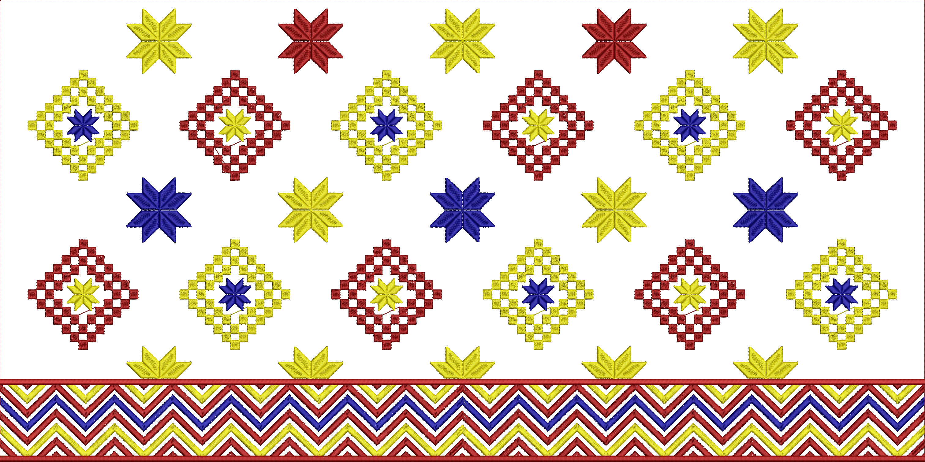Embroidery design: A digital embroidery design featuring a repeating geometric pattern with diamonds containing stars, and a decorative bor