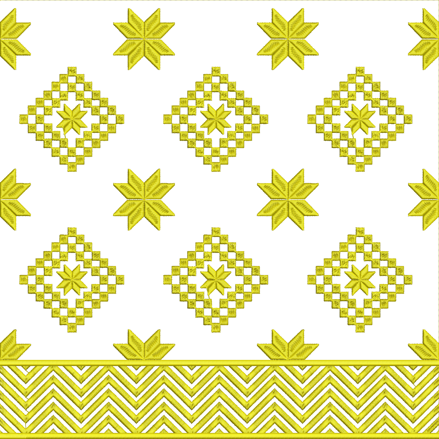 Embroidery design: A seamless embroidery pattern in golden yellow featuring repeating symmetrical motifs of stars and diamonds, with a chev