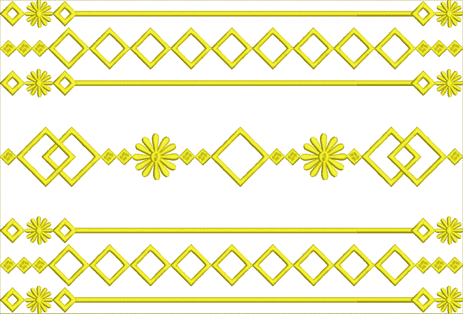 Embroidery design: A yellow decorative border embroidery design with repeating geometric diamond shapes and floral motifs arranged in horiz