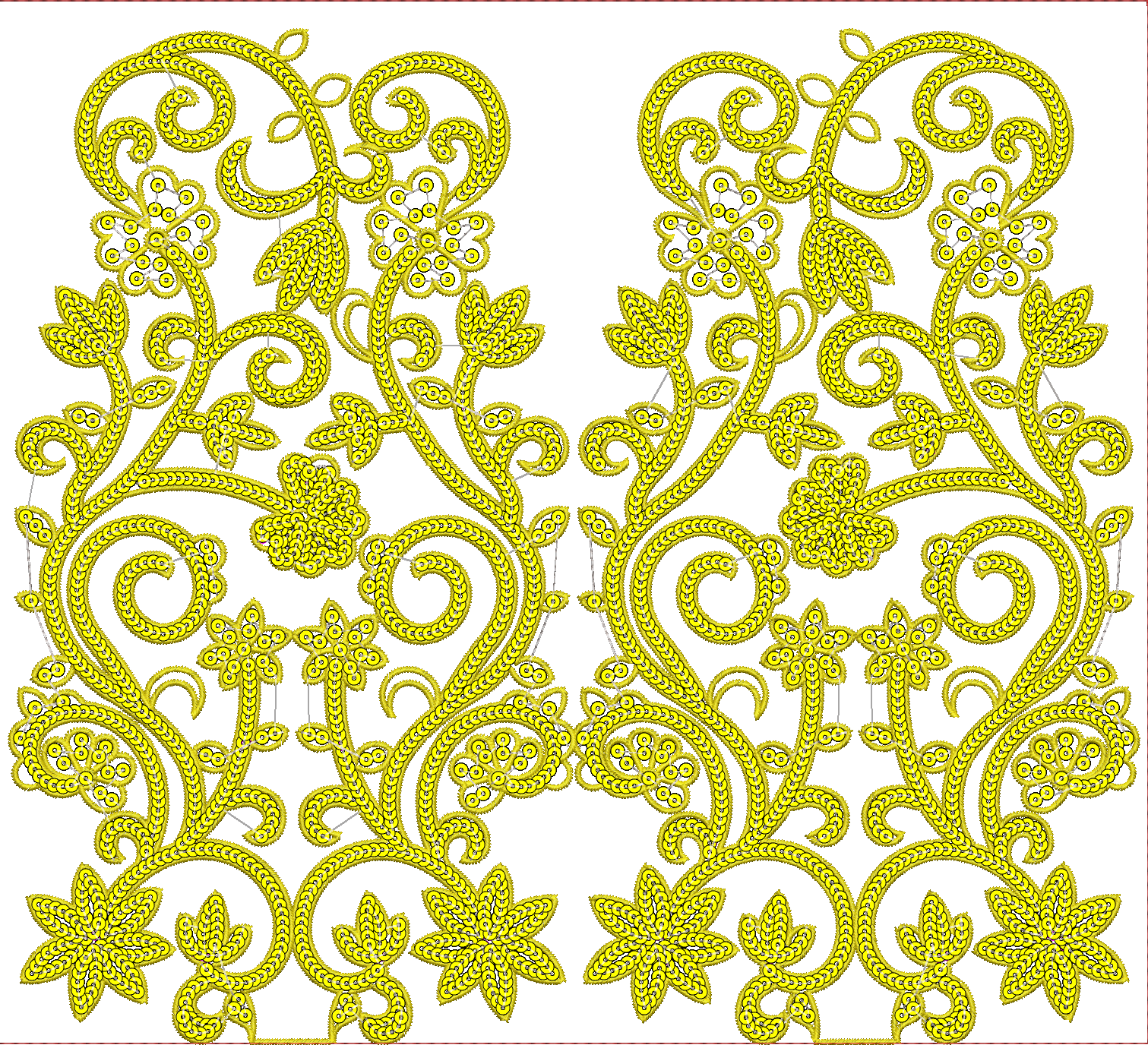 Embroidery design: A symmetrical, yellow embroidery design featuring ornate scrollwork, vines, leaves, and floral motifs, suitable for a ne