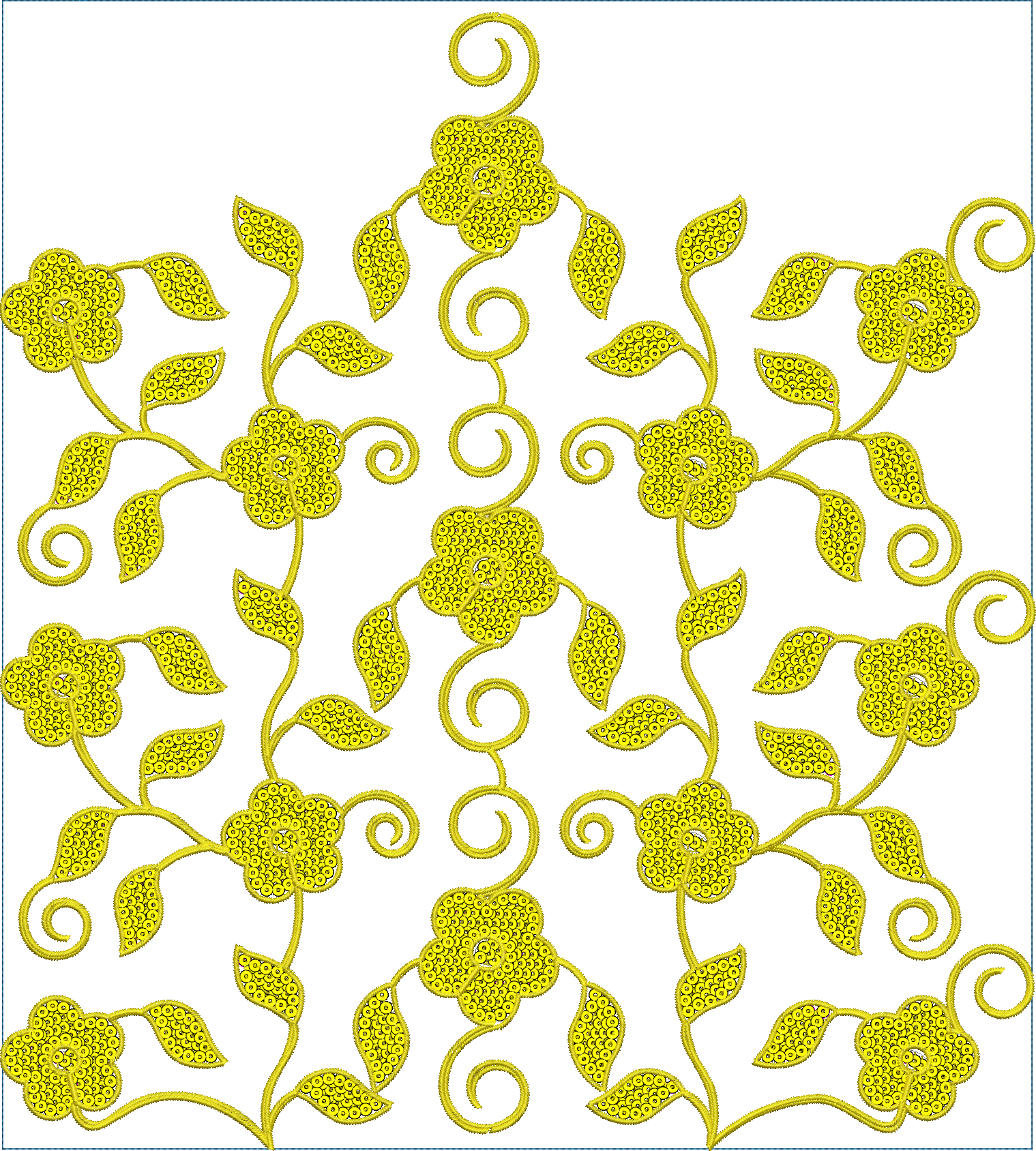 Embroidery design: A symmetrical, all-over embroidery design featuring repeating yellow floral motifs connected by scrolling vines and leav