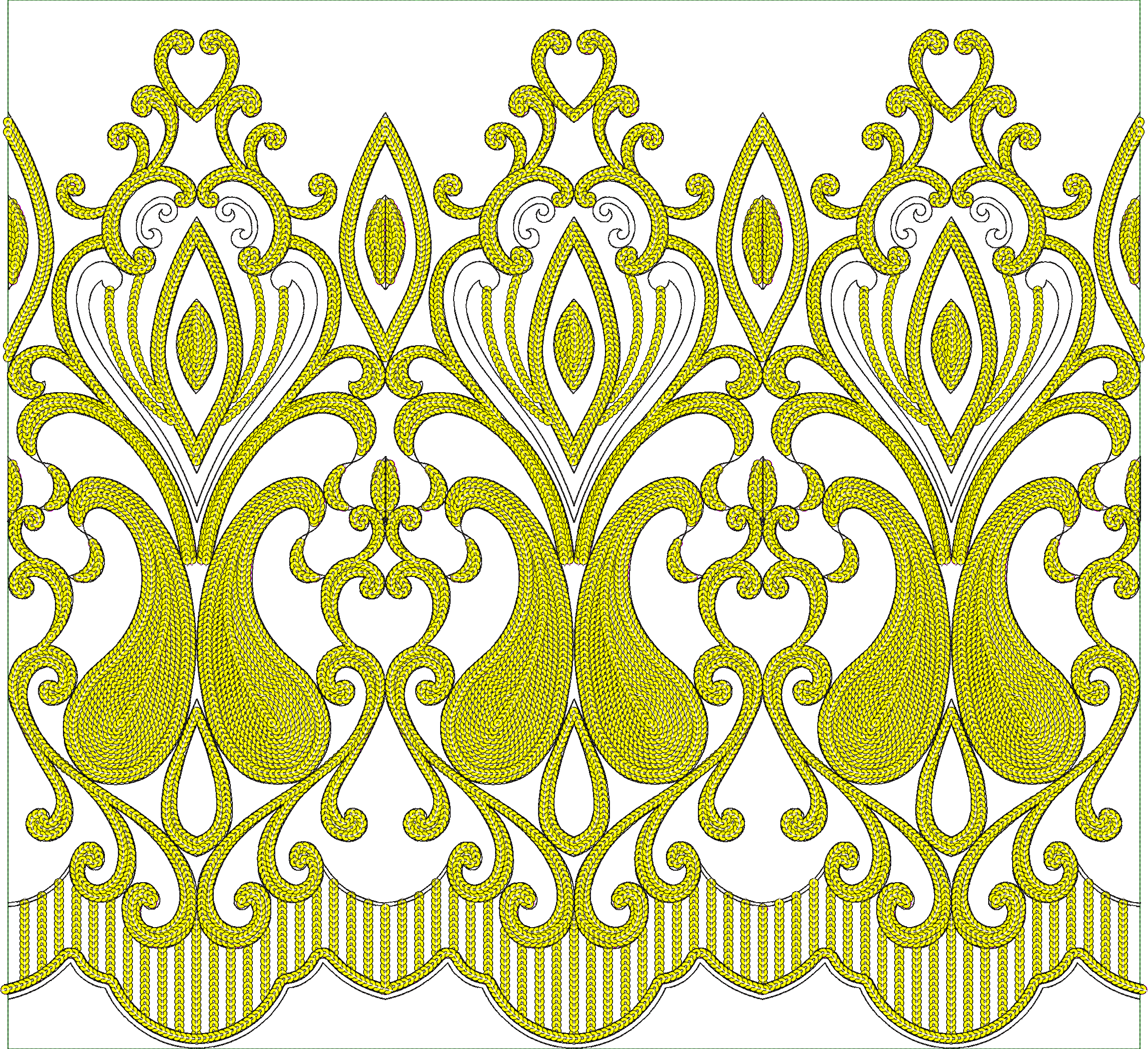 Embroidery design: A decorative yellow border with paisley motifs, scrollwork, and symmetrical elements in a traditional arabesque style wi