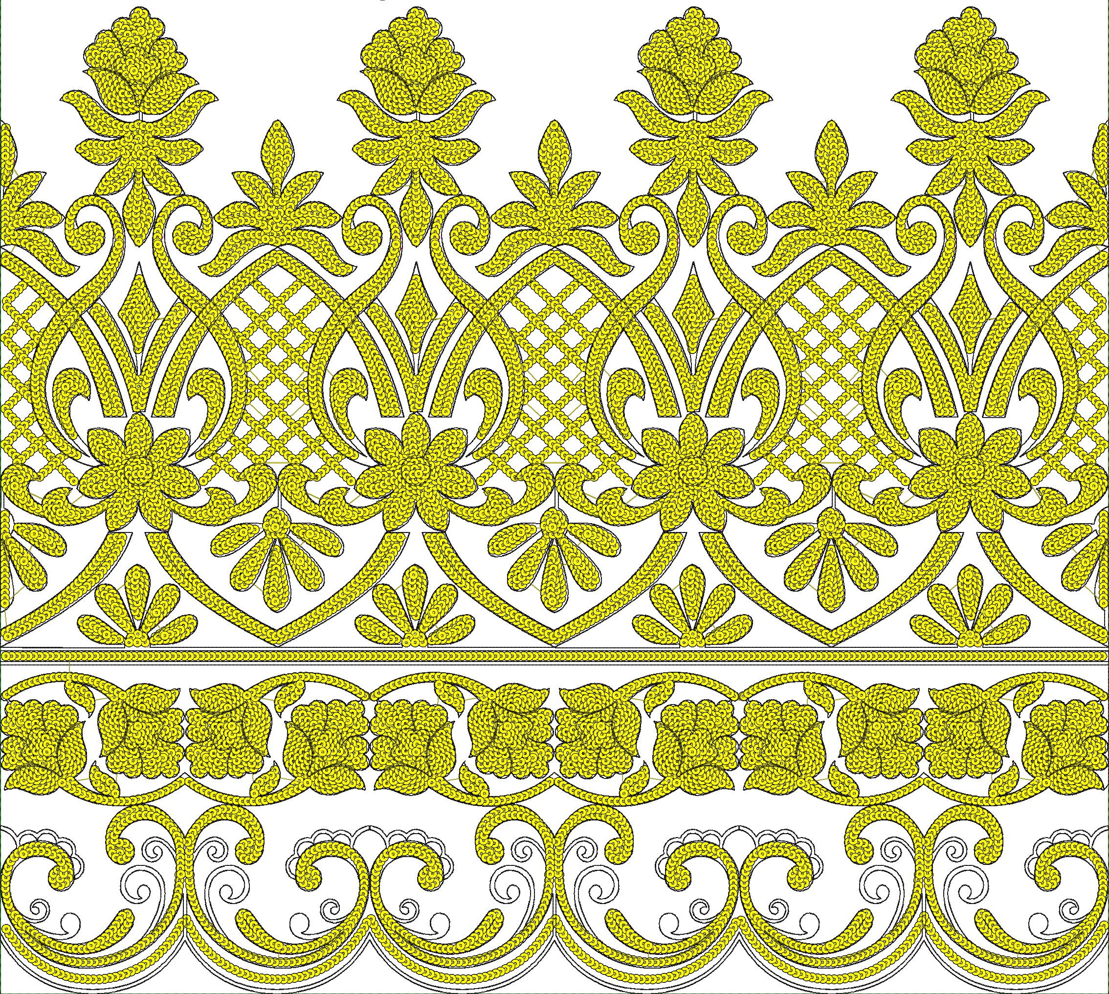 Embroidery design: A decorative yellow border with repeating floral and geometric motifs, featuring symmetrical scrollwork, lattice pattern