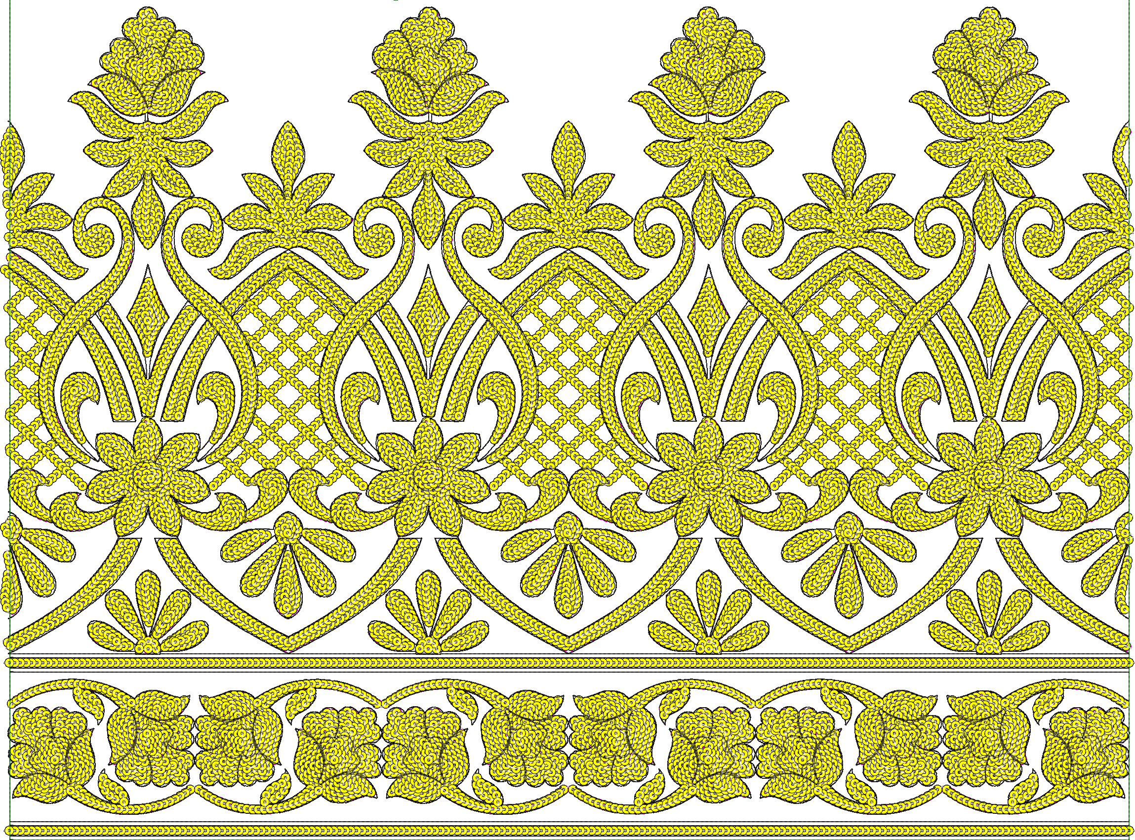 Embroidery design: A decorative yellow border embroidery design with repeating symmetrical floral and geometric motifs in a traditional sty