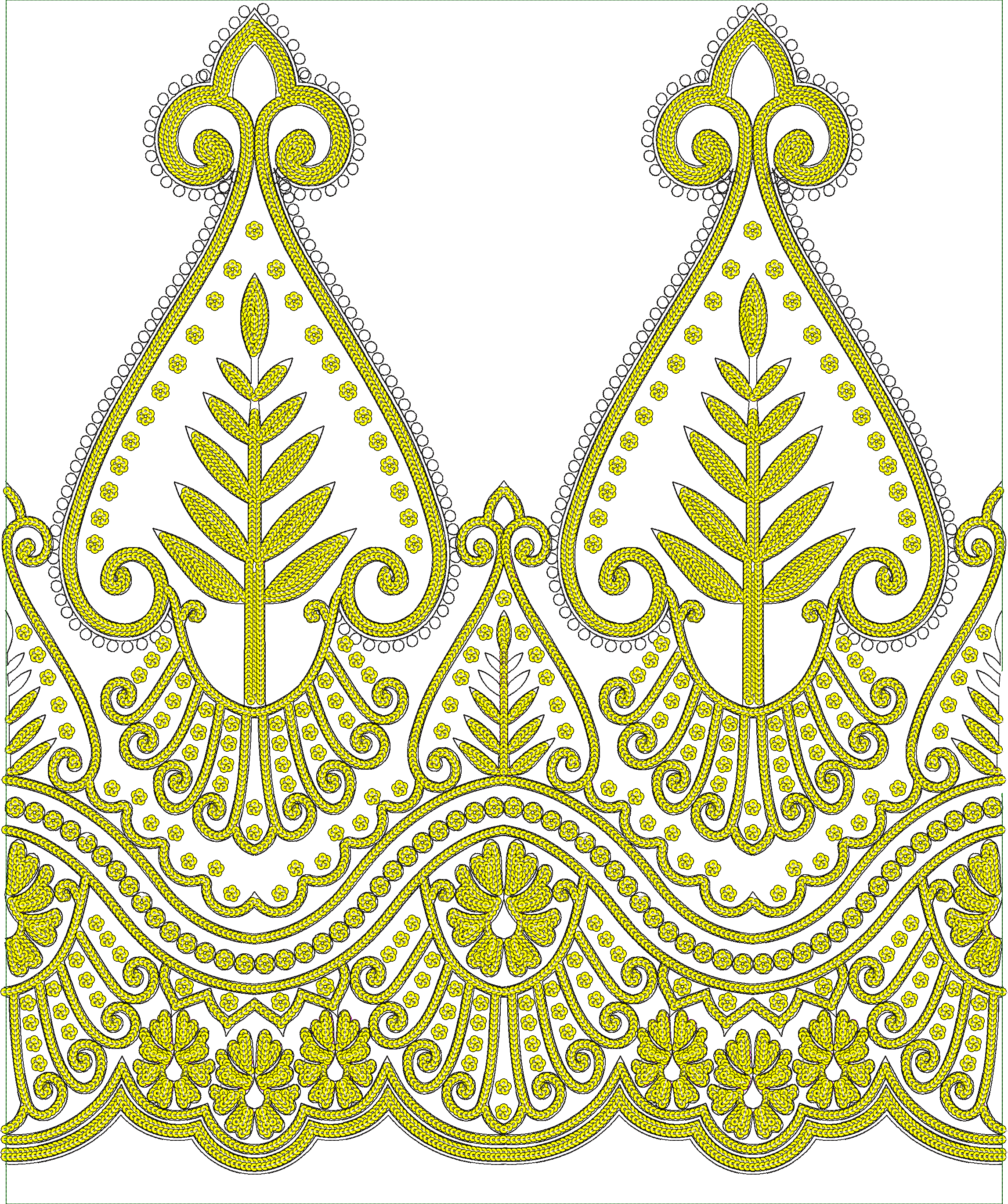 Embroidery design: A decorative yellow and black border embroidery design with repeating ornamental and floral motifs, featuring scrollwork