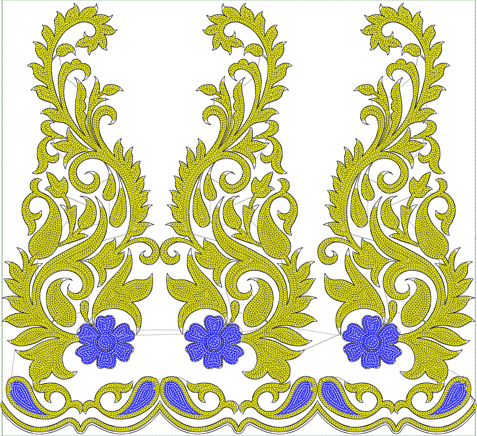 Embroidery design: An ornamental embroidery design with yellow scrollwork and blue floral motifs, arranged in a repeating border pattern.