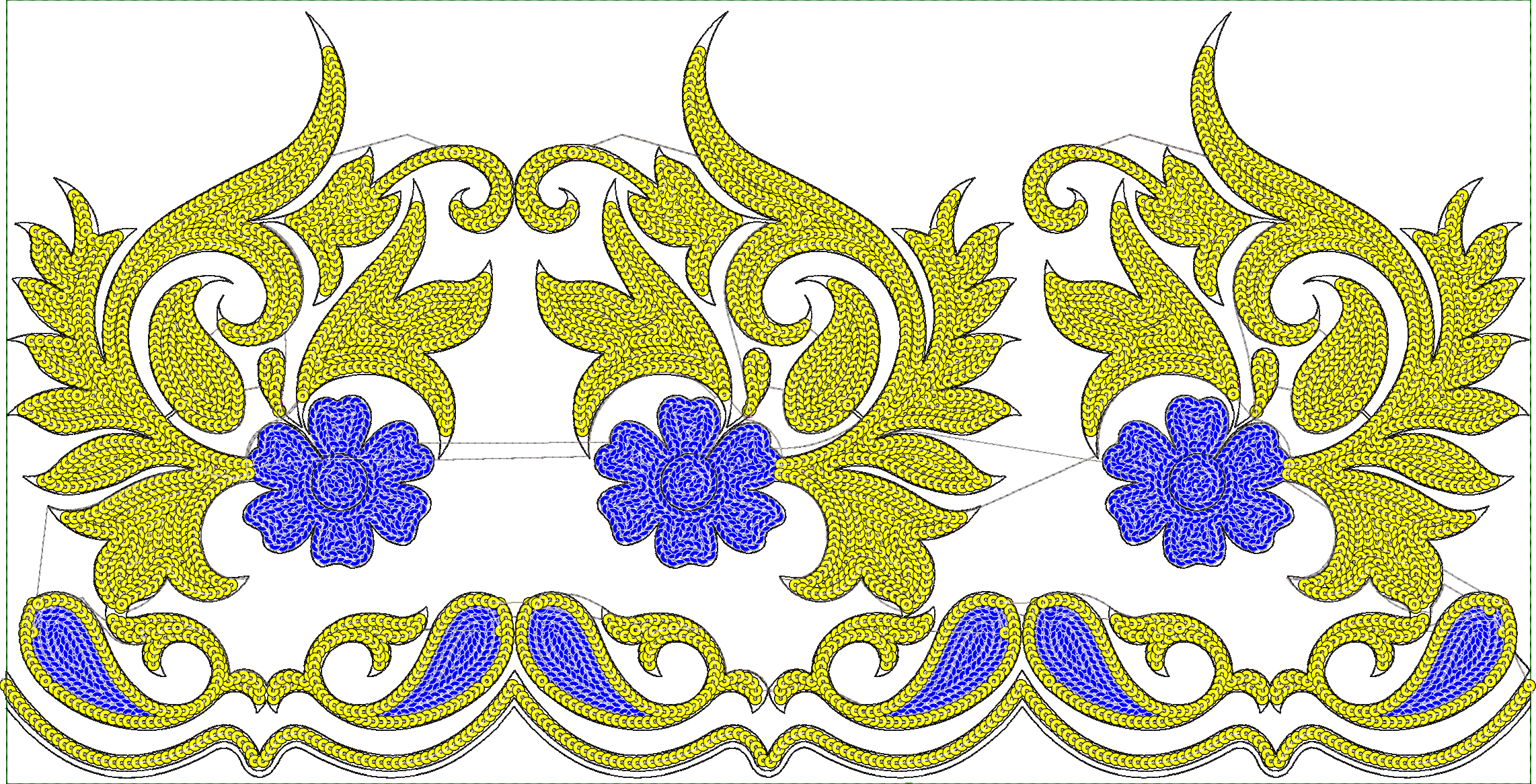 Embroidery design: A decorative border embroidery design with repeating yellow floral and vine motifs and blue flowers.
