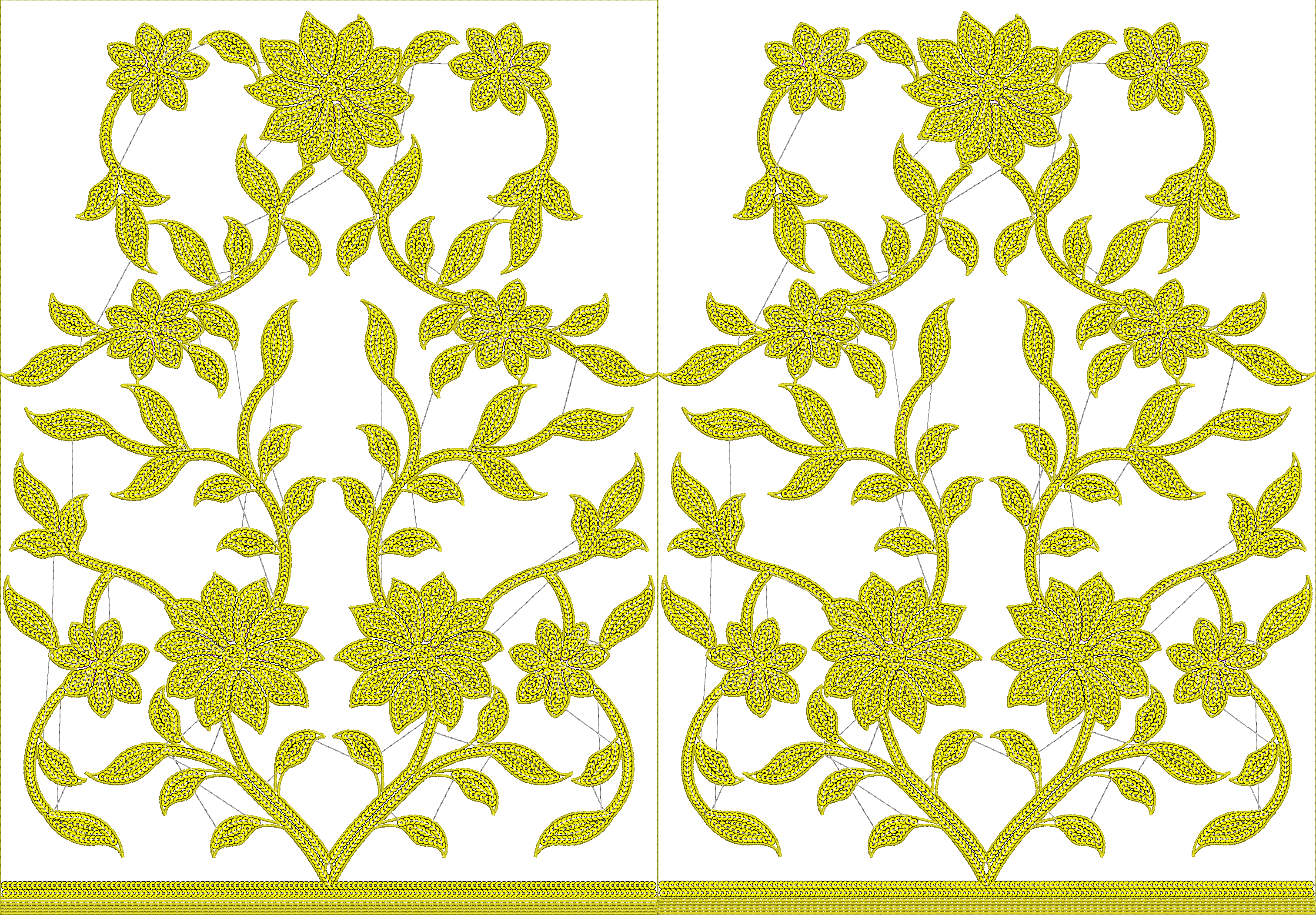 Embroidery design: A symmetrical embroidery design featuring yellow flowers and leaves in a scrolling vine pattern with a floral border at 