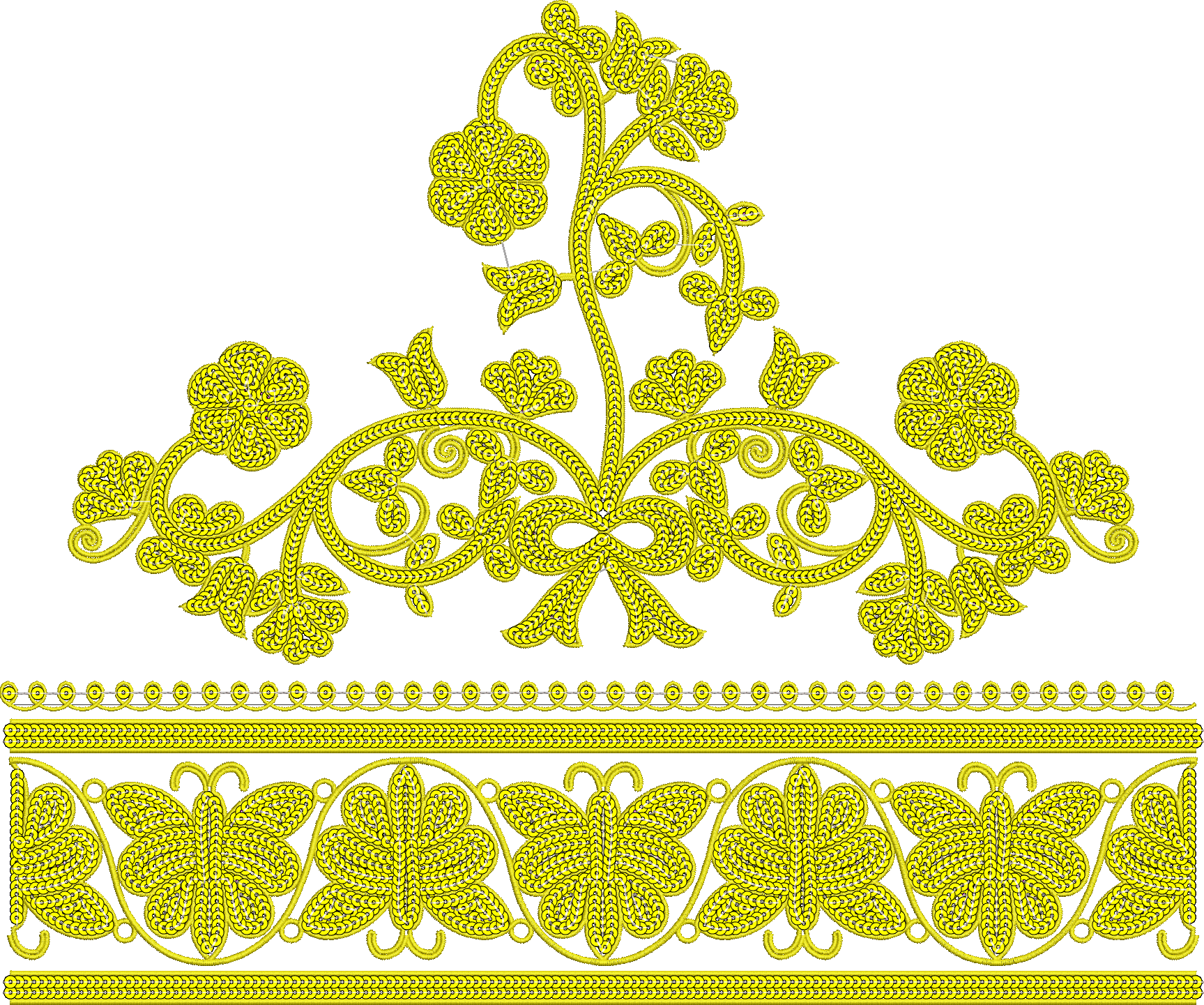 Embroidery design: A decorative yellow embroidery design featuring a horizontal border with butterflies and an ornate floral and vine motif