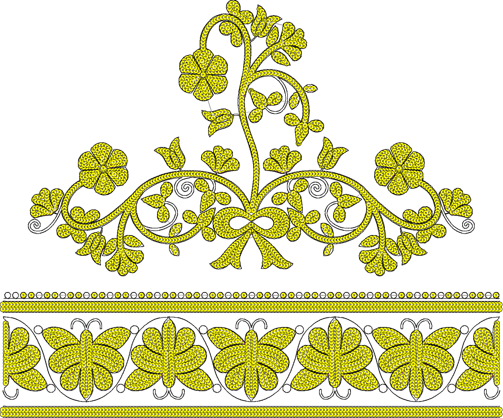 Embroidery design: An ornamental embroidery design in yellow and black, featuring a floral arrangement with vines and flowers at the top, a