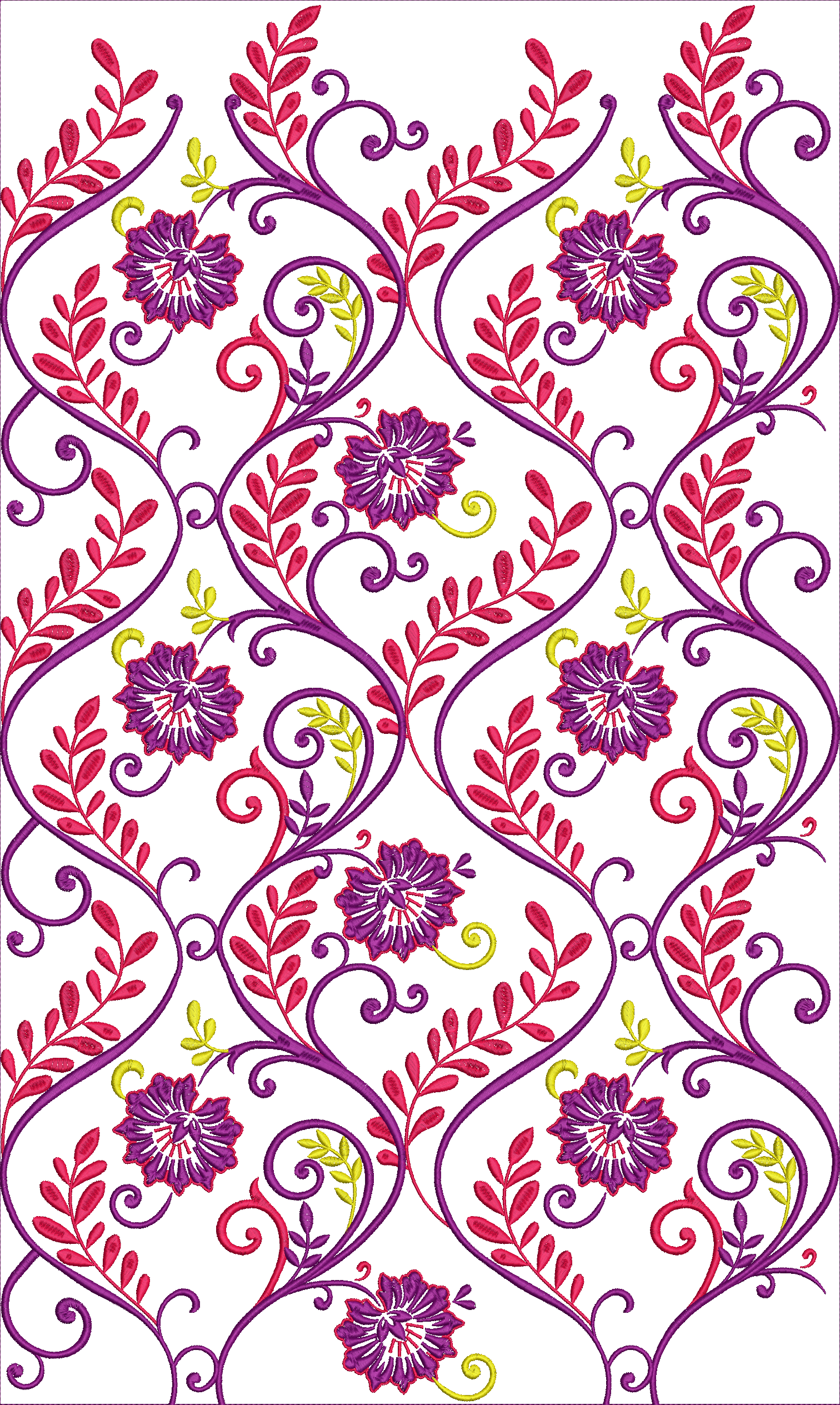 Embroidery design: A repeating all-over embroidery design with a floral and vine motif. It features purple flowers with pink leaves and yel