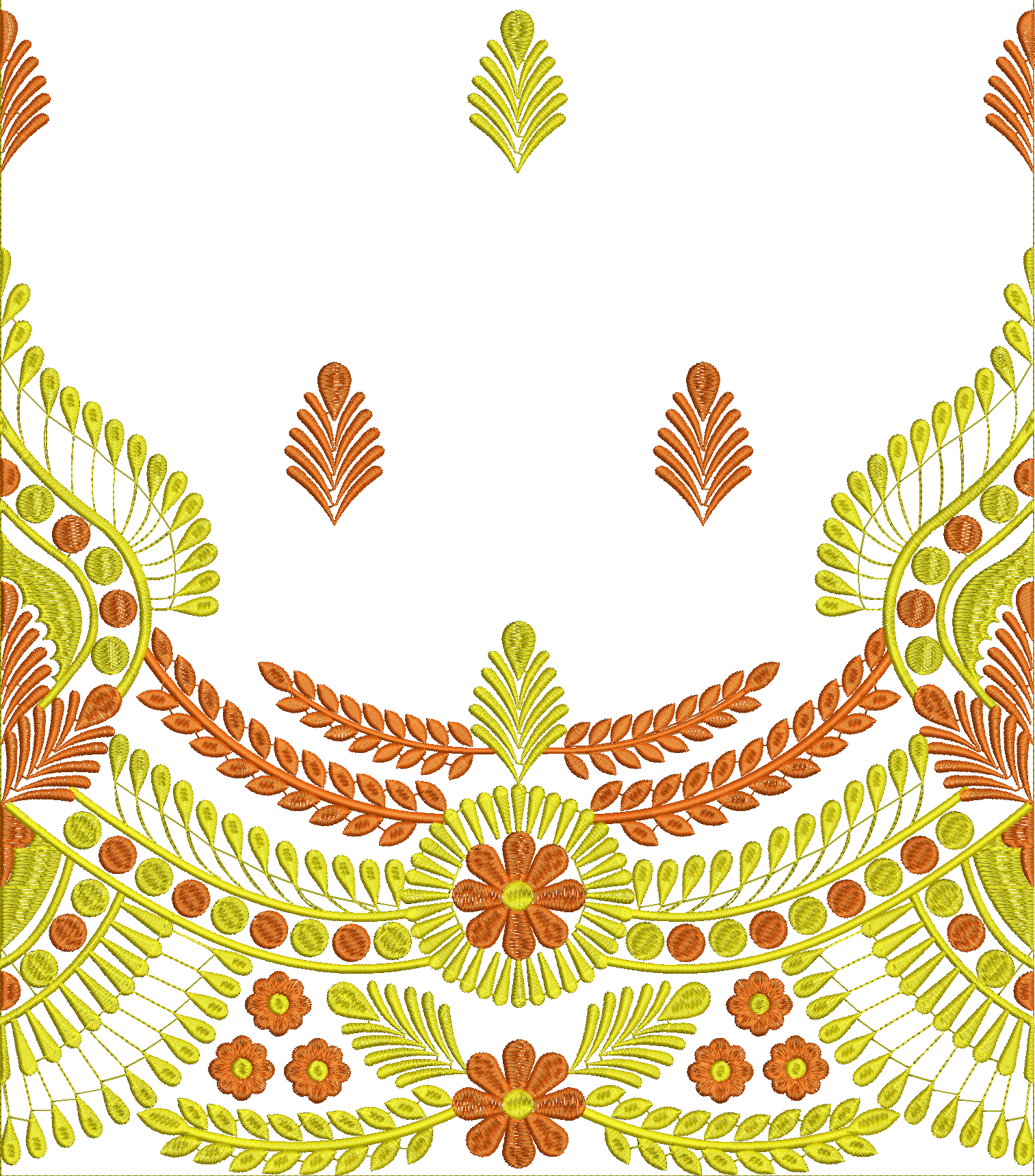 Embroidery design: A decorative embroidery design with floral and leaf motifs arranged symmetrically in orange and yellow, featuring circul