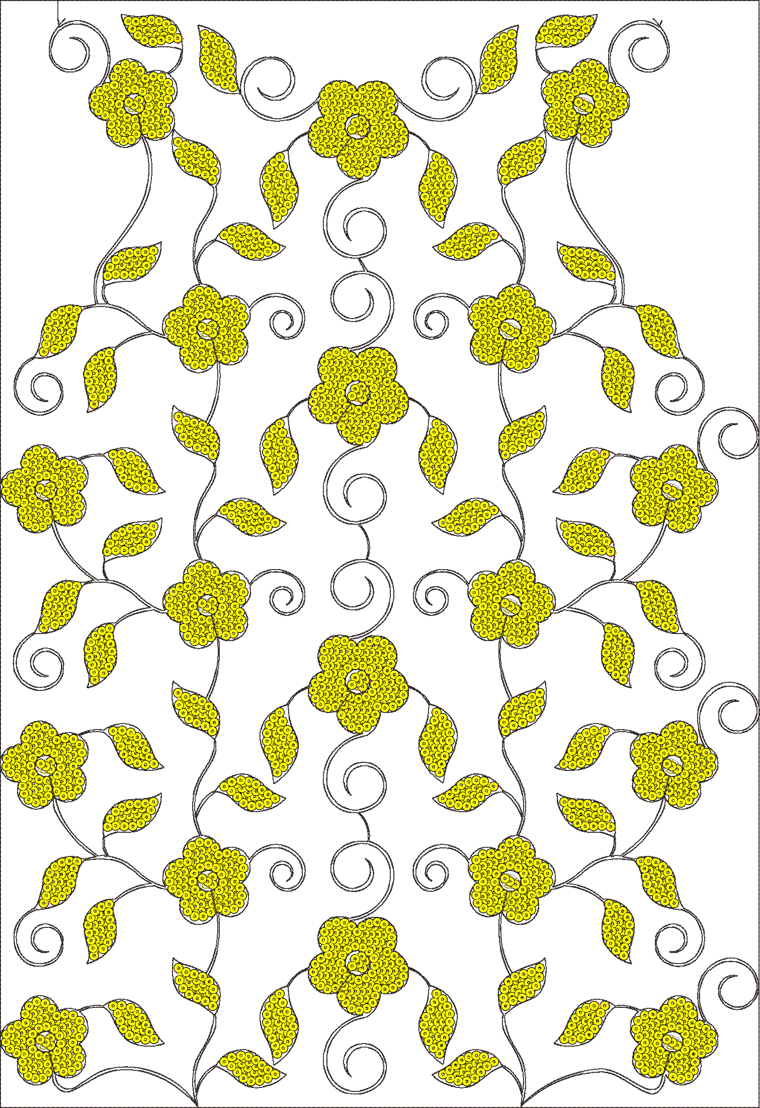 Embroidery design: A symmetrical, all-over embroidery design with a repeating pattern of yellow flowers, leaves, and scrollwork. Outlines a