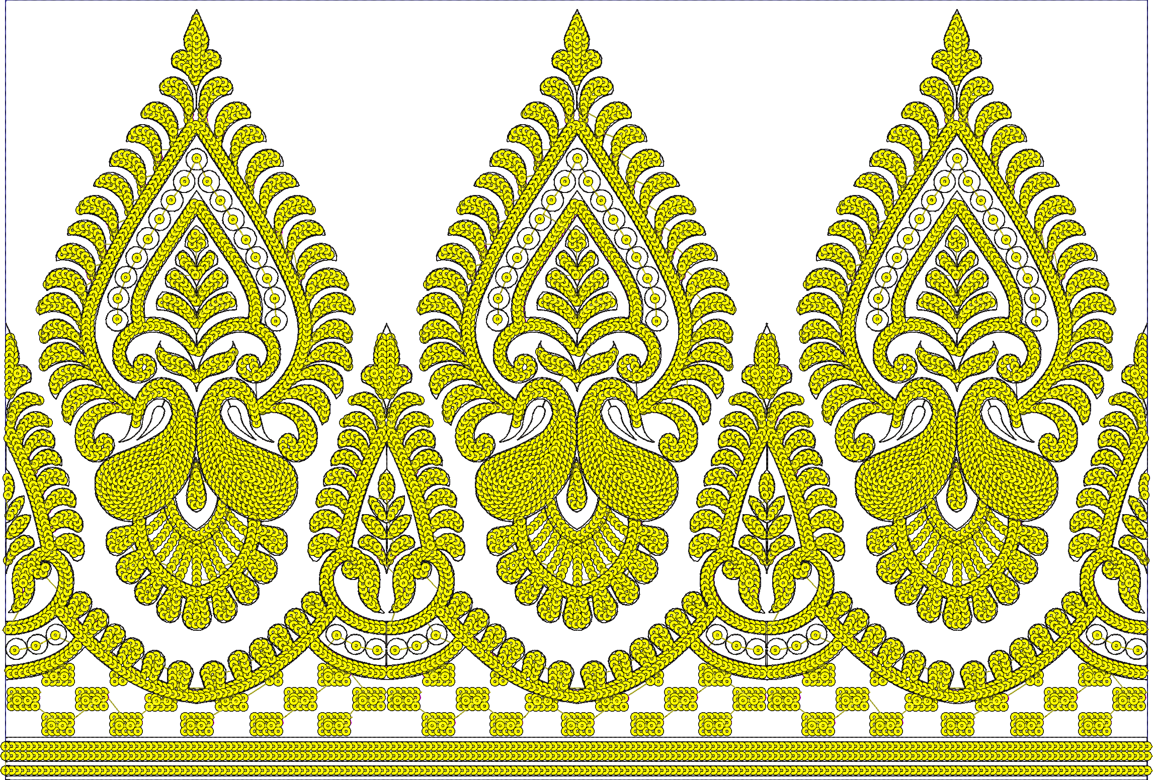 Embroidery design: A traditional and ornamental embroidery border design featuring repeating symmetrical motifs of stylized peacocks and pa