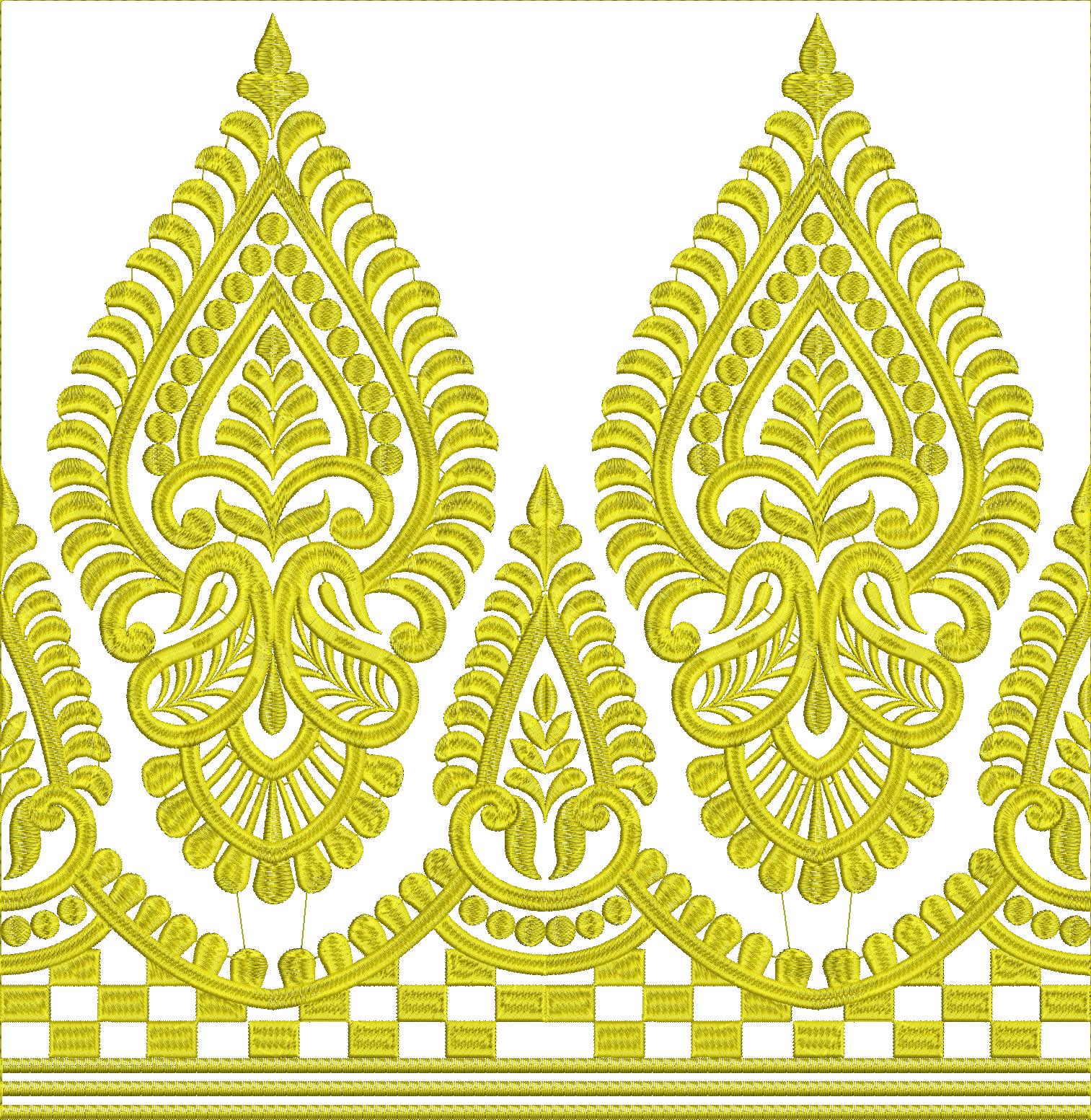 Embroidery design: A decorative gold embroidery border with symmetrical, repeating arabesque and floral motifs, featuring stylized leaves a