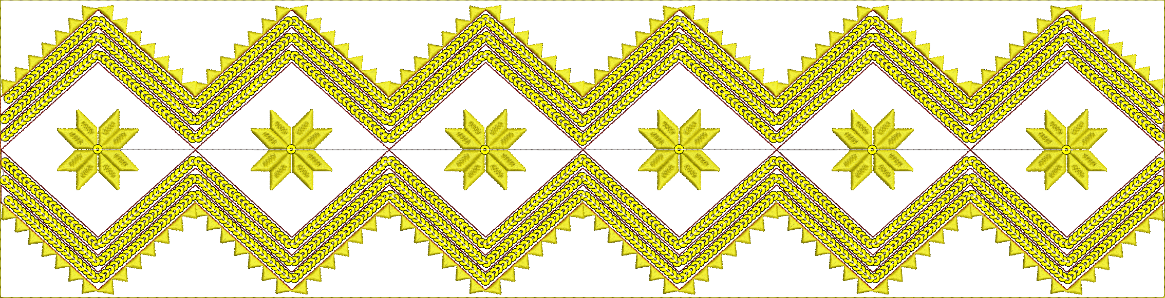 Embroidery design: A yellow and dark red ornamental border design featuring a repeating pattern of diamonds, each containing an eight-point