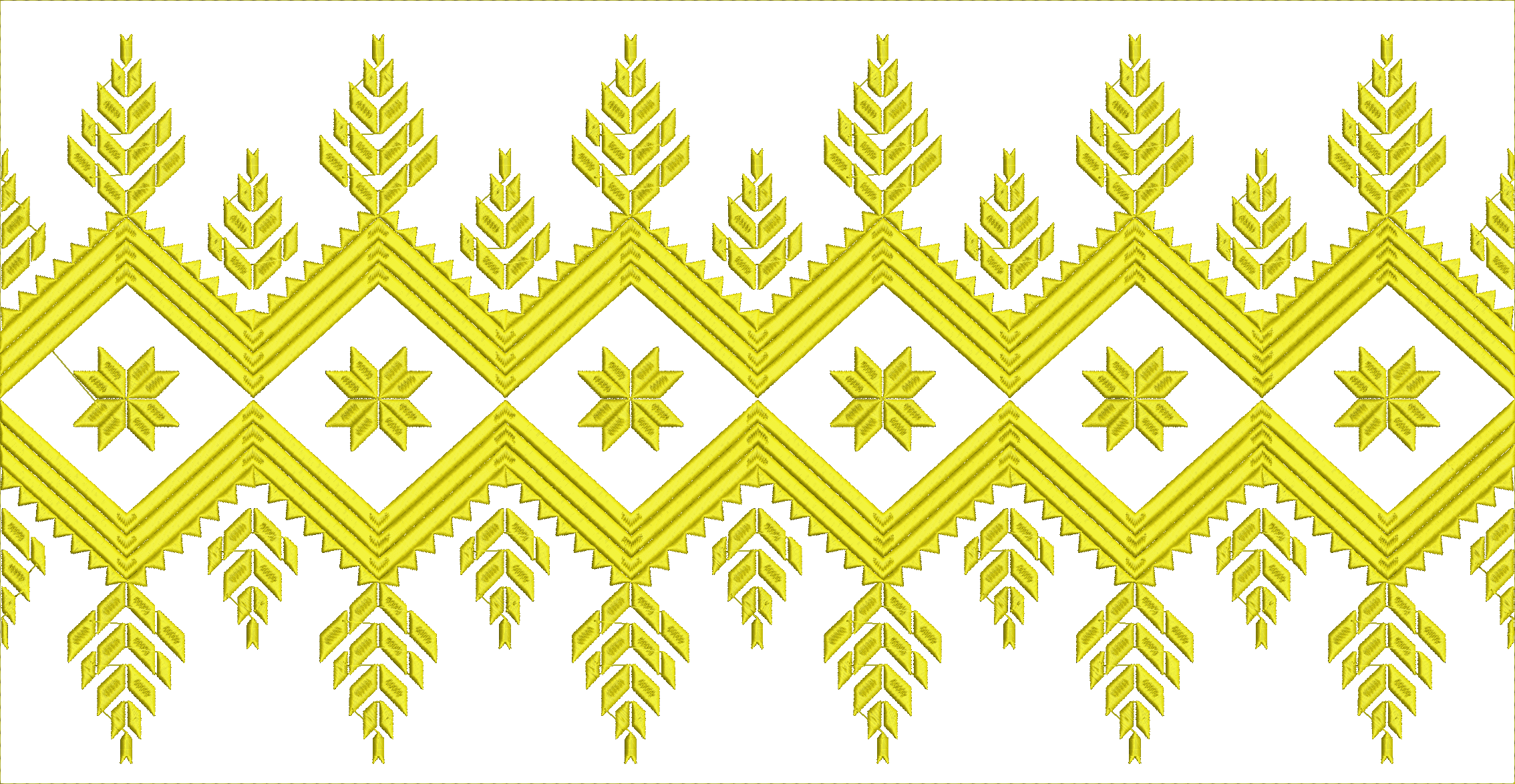 Embroidery design: A yellow decorative embroidery border with repeating geometric and stylized leaf motifs in a symmetrical pattern.