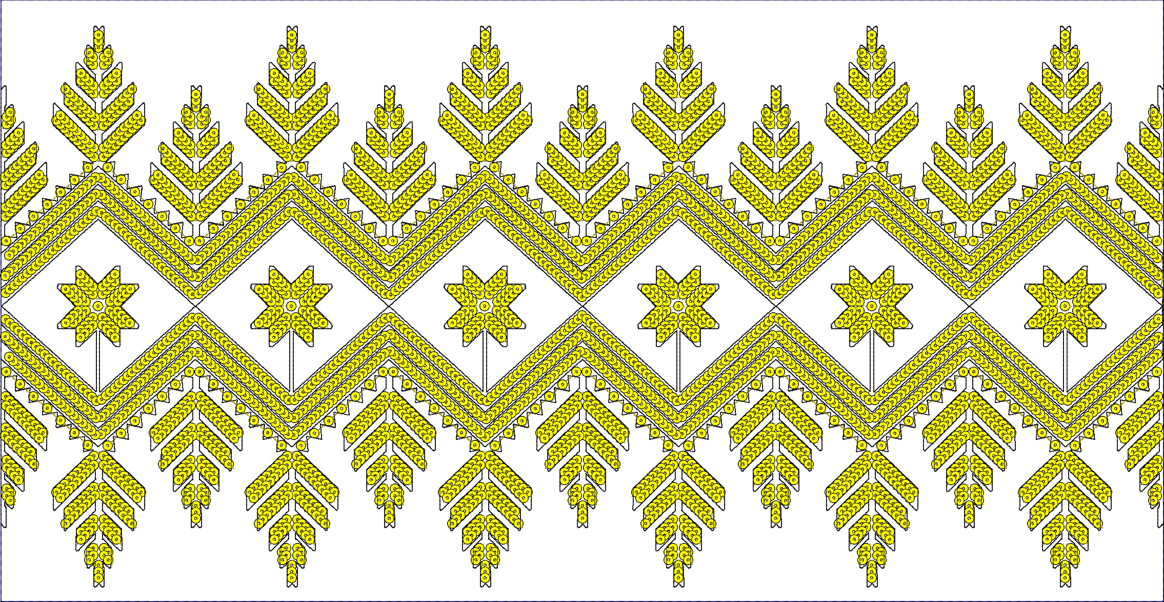 Embroidery design: A decorative yellow and black border design with repeating geometric and floral motifs, including diamond shapes and sty