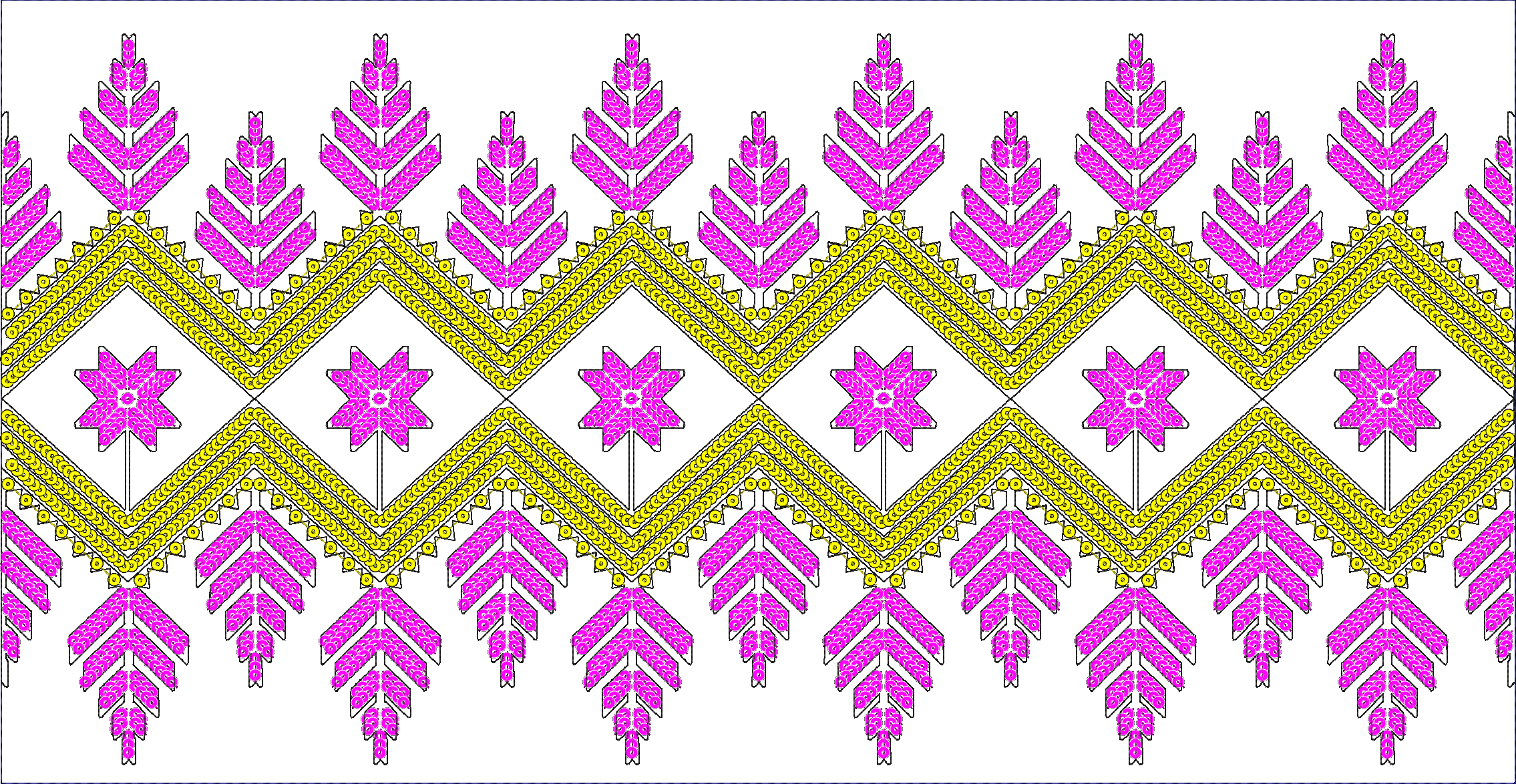 Embroidery design: A repeating horizontal border embroidery design featuring alternating stylized pink leaf shapes and pink star flowers, c