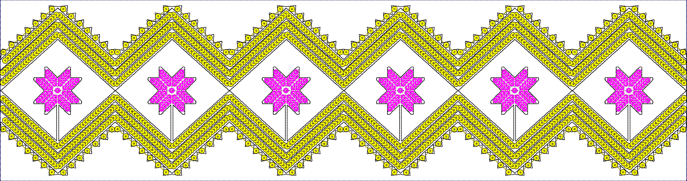 Embroidery design: A repeating border embroidery design featuring pink eight-pointed stars within yellow diamond shapes, outlined in black.
