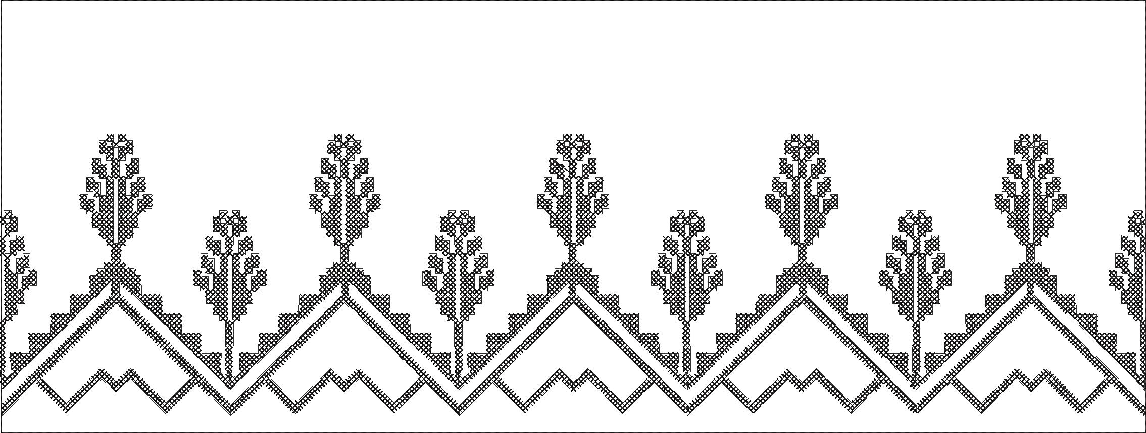 Embroidery design: A black and white embroidery border design featuring repeating stylized botanical motifs above a geometric, jagged patte