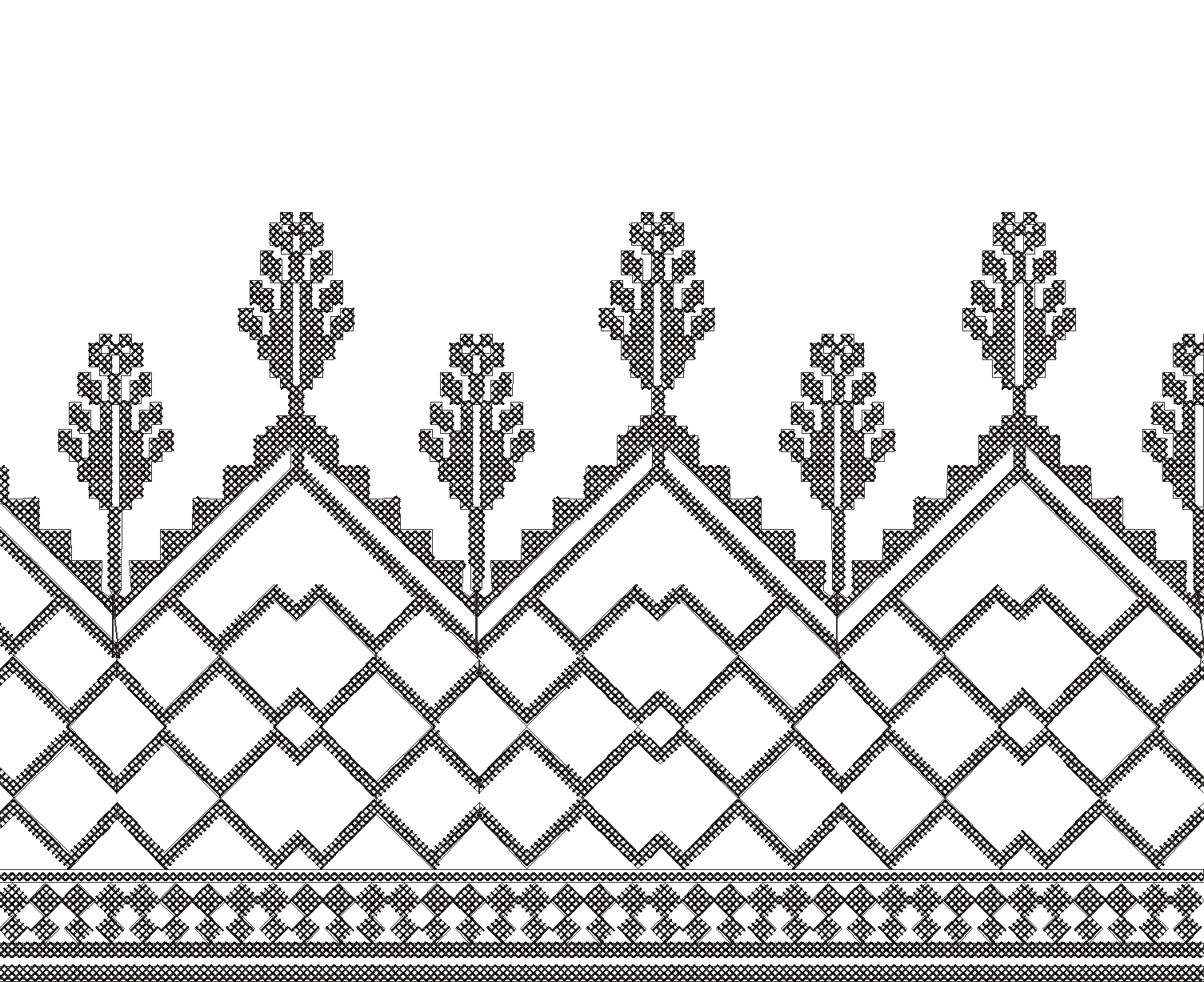 Embroidery design: A black and white horizontal embroidery border with repeating stylized trees or floral motifs, geometric patterns includ